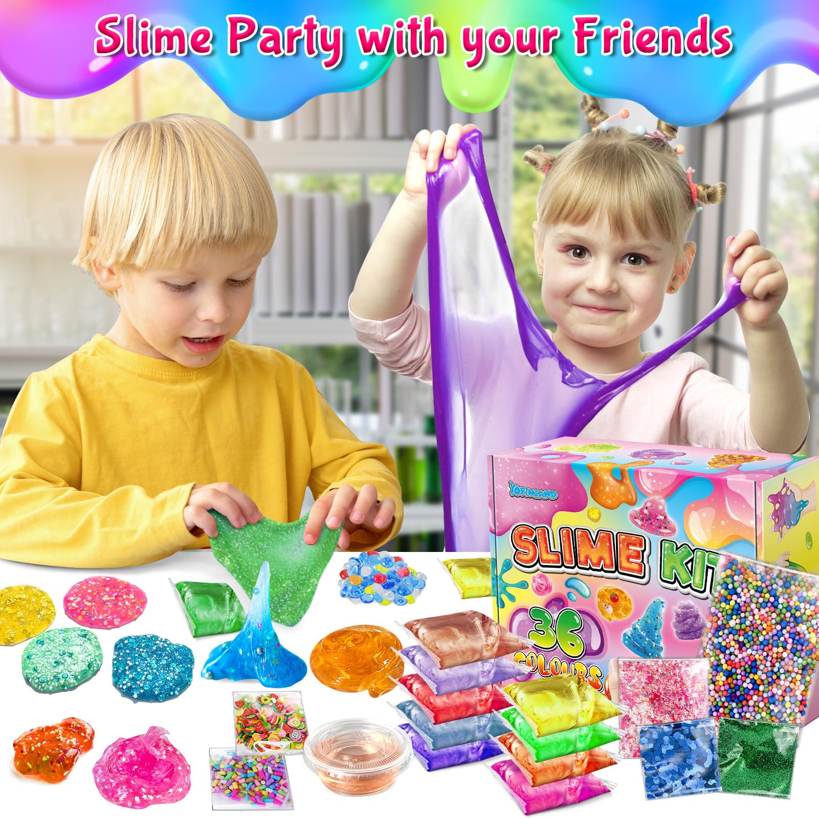 Kit de Fabrication de Slime 36 Couleurs pour Filles, Crystal Clear Slime, Glow in the Dark Slime, avec Boules en Mousse Ajoutées, Breloques, Paillettes, Jouet Cadeau pour Enfants