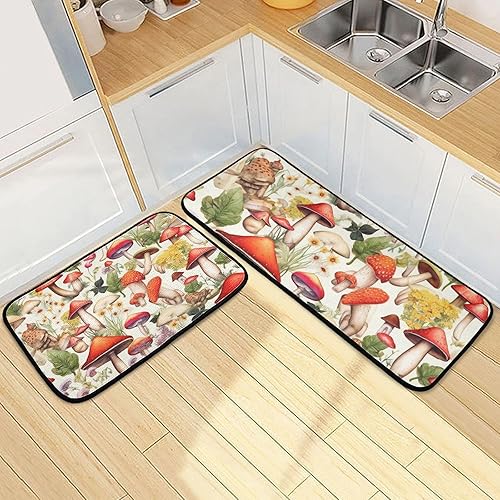 Miniatura 2 de Juego de 2 tapetes de cocina para piso, estampado de hongos, antideslizantes, acolchados, absorbentes de agua, tapetes para puerta para fregadero de