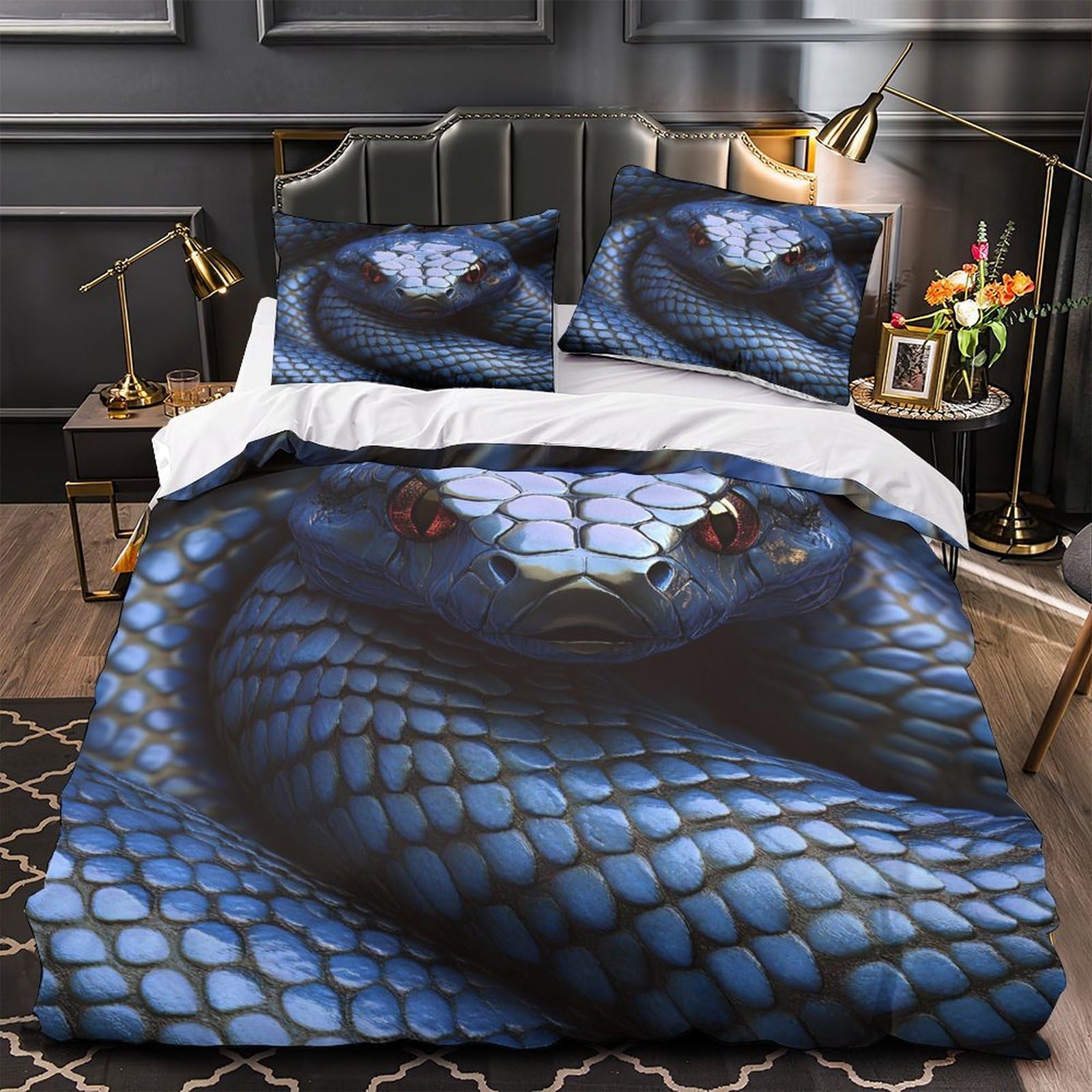 Parure de lit serpent bleu microfibre 220x240 cm avec 2 taies d'oreiller