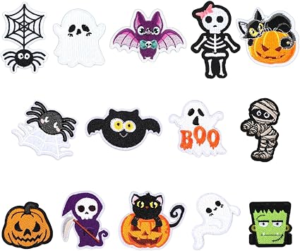 JarThenaAMCS 14Pcs Halloween Iron-On Sew-On Patches Pumpkin Ghost Bat Embroidered Cloth Patches Iron on Patterns for DIY Crafts Clothing Fabric Decor