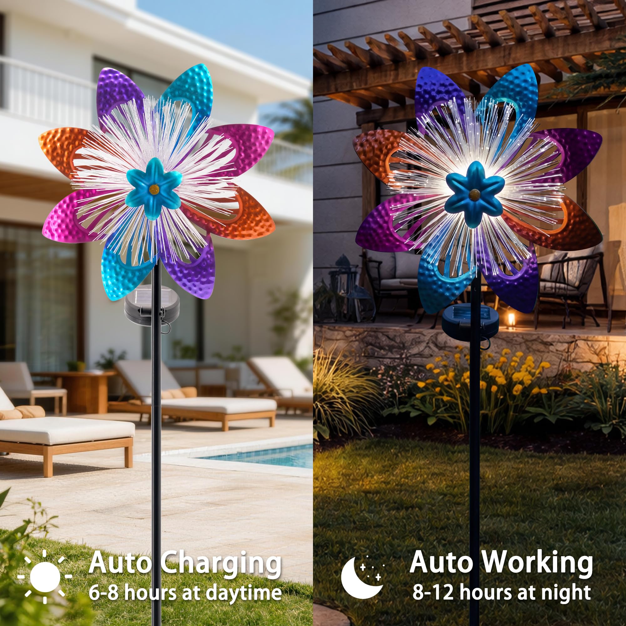 Molinillos de viento solares para exteriores, 42 x 9.5 pulgadas de alto, esculturas y molinillos de viento de metal, molinillos de viento giratorios de jardín para decoración de patio, decoración de