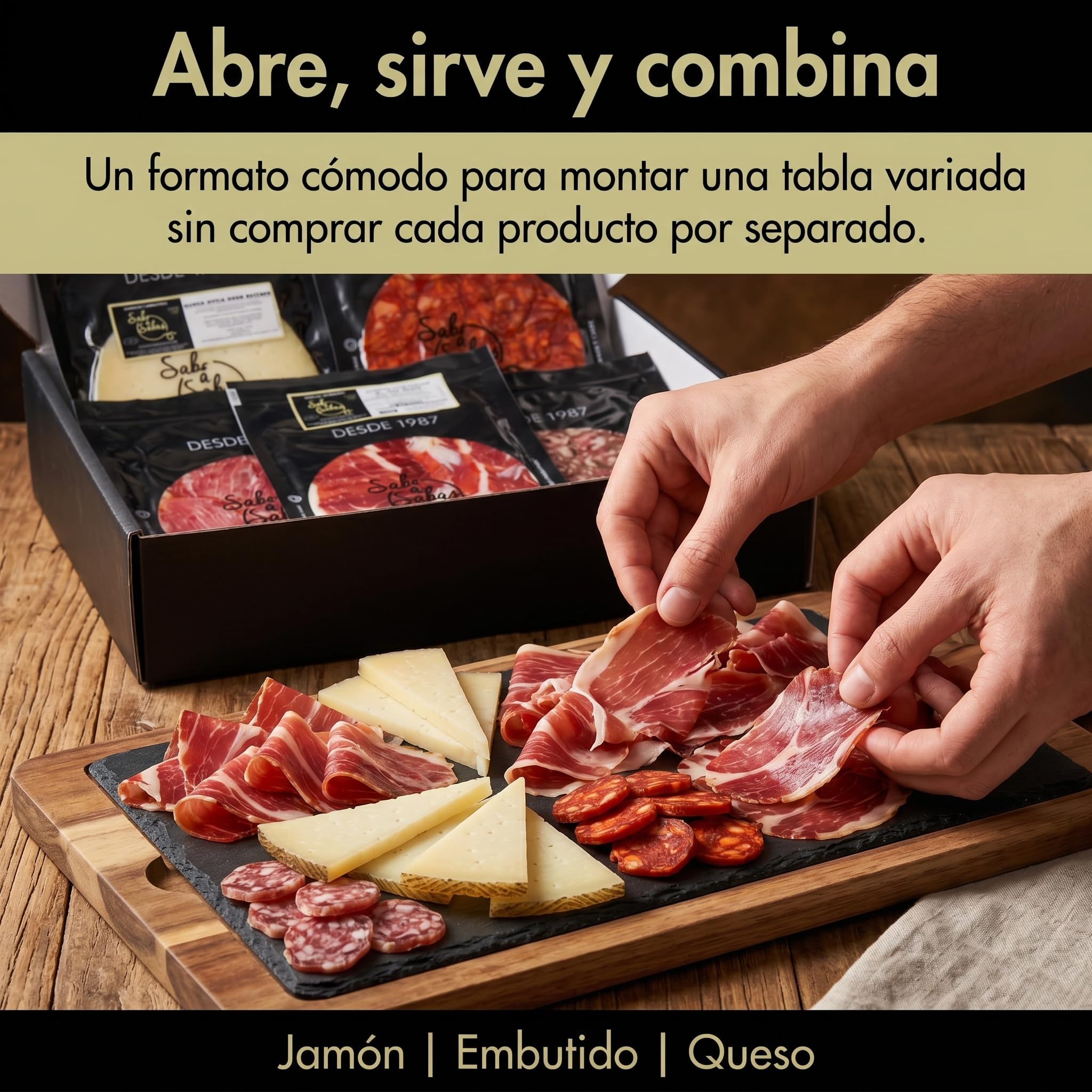 SABE A SABAS Cesta de ibéricos 4 sobre de jamón ibérico 4 de salchichón 4 de chorizo 4 de lomo 2 sobre de taquito iberico 4 sobres cortados a tapitas queso Curado de Oveja todos de 100 gr