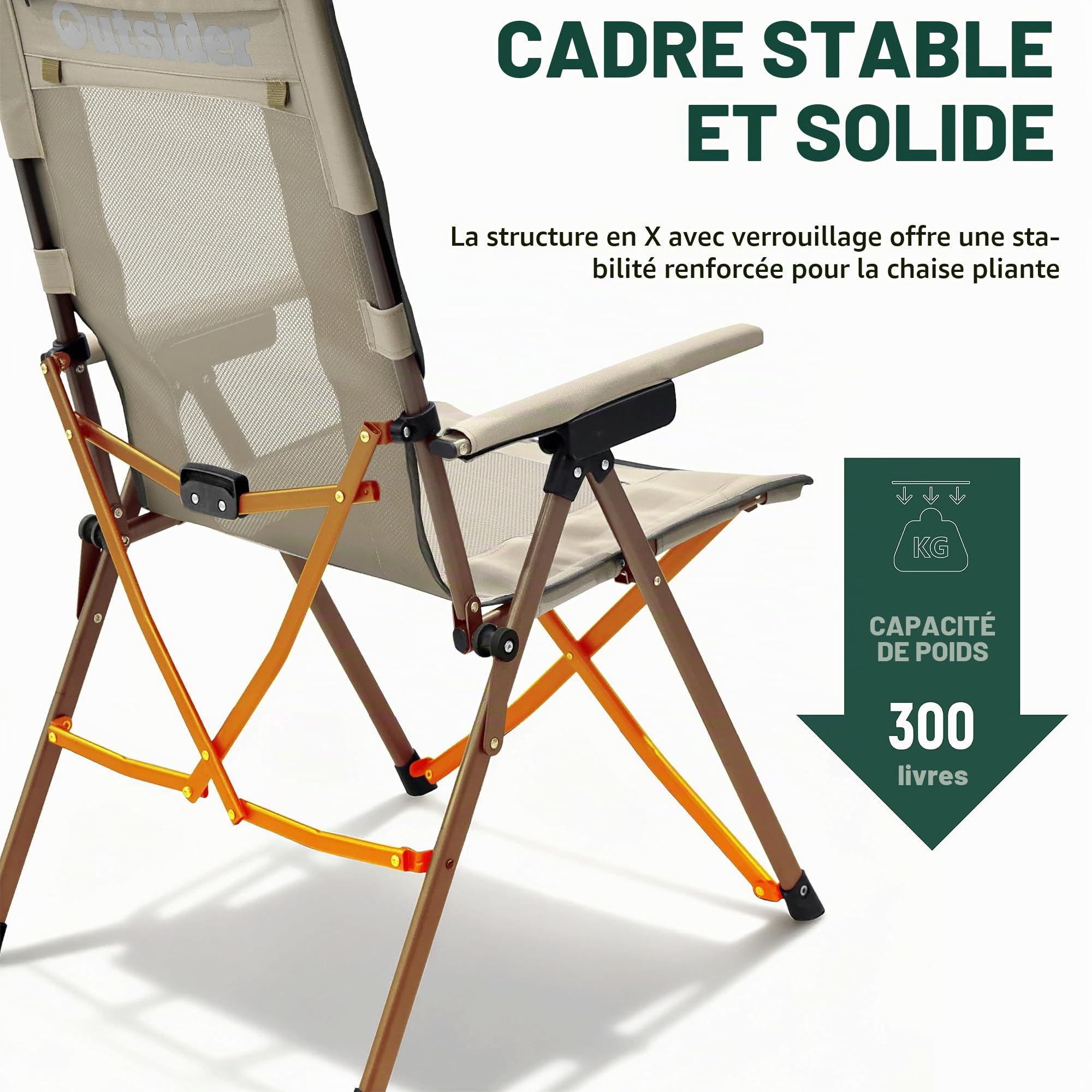 OUTSIDER Fauteuil Pliable – Dossier 3 Pos, 150 kg | Mesh aéré, Oxford 600D, housse incluse. Dossier 3 pos réglable. 150 kg. Pour camping, pêche, jardin, balcon. Garantie 1 an.