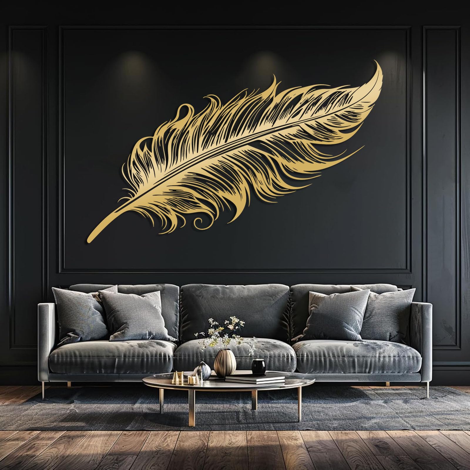 Metalowa dekoracja ścienna z piórami, duża metalowa dekoracja ścienna z piórami w stylu boho rustykalnym, czarna dekoracja ścienna do salonu, sypialni, korytarza i schodów, naturalny wy
