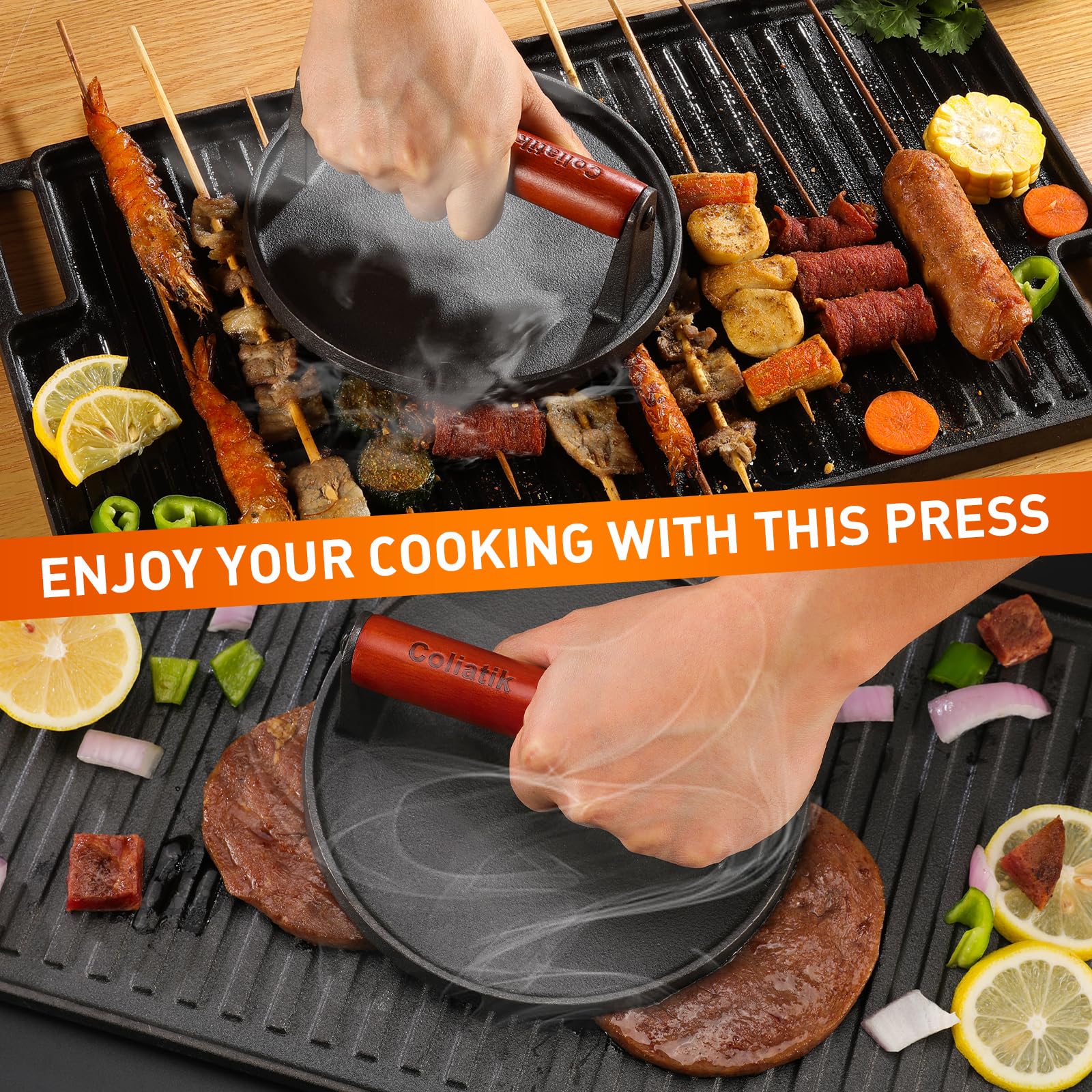Coliatik Cast Iron Burger Press - 7.08 Inch Round Heavy-Duty Smash Press With Wooden Handle For Griddles & Grills