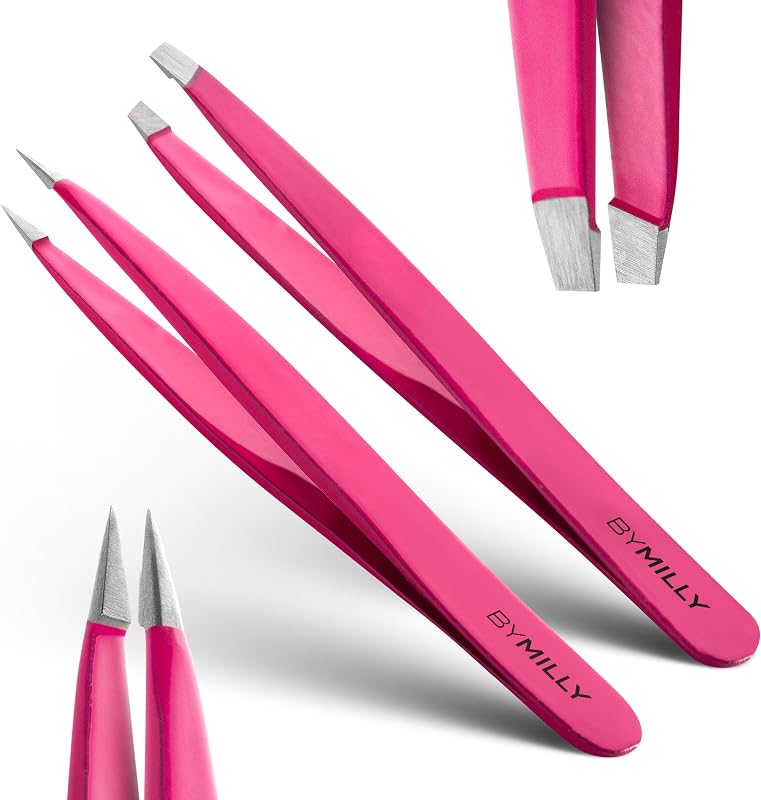 Kit de Pinças By MILLY com Pontas Chanfrada e Fina, Aço Inoxidável com Alto Teor de Carbono, Rosa