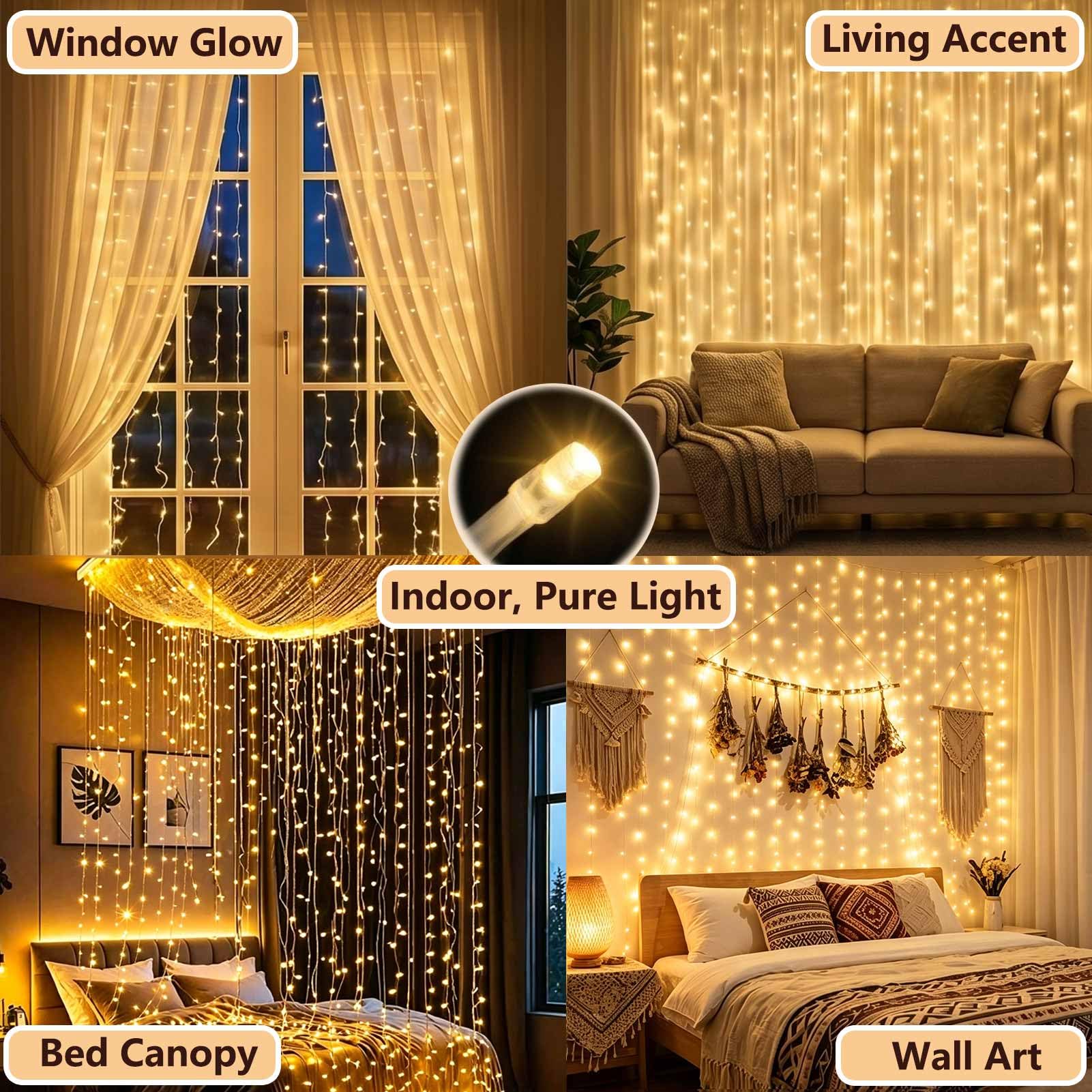 Cozymeow 2 Stück Lichtervorhang Innen Aussen 3x3m 300 LED Vorhang | 8 Modi mit Stecker, Wasserdicht Fenster Lichterkette Wand für Zimmer Balkon Hochzeit Party Terrassen Christmas Hochzeitsdeko