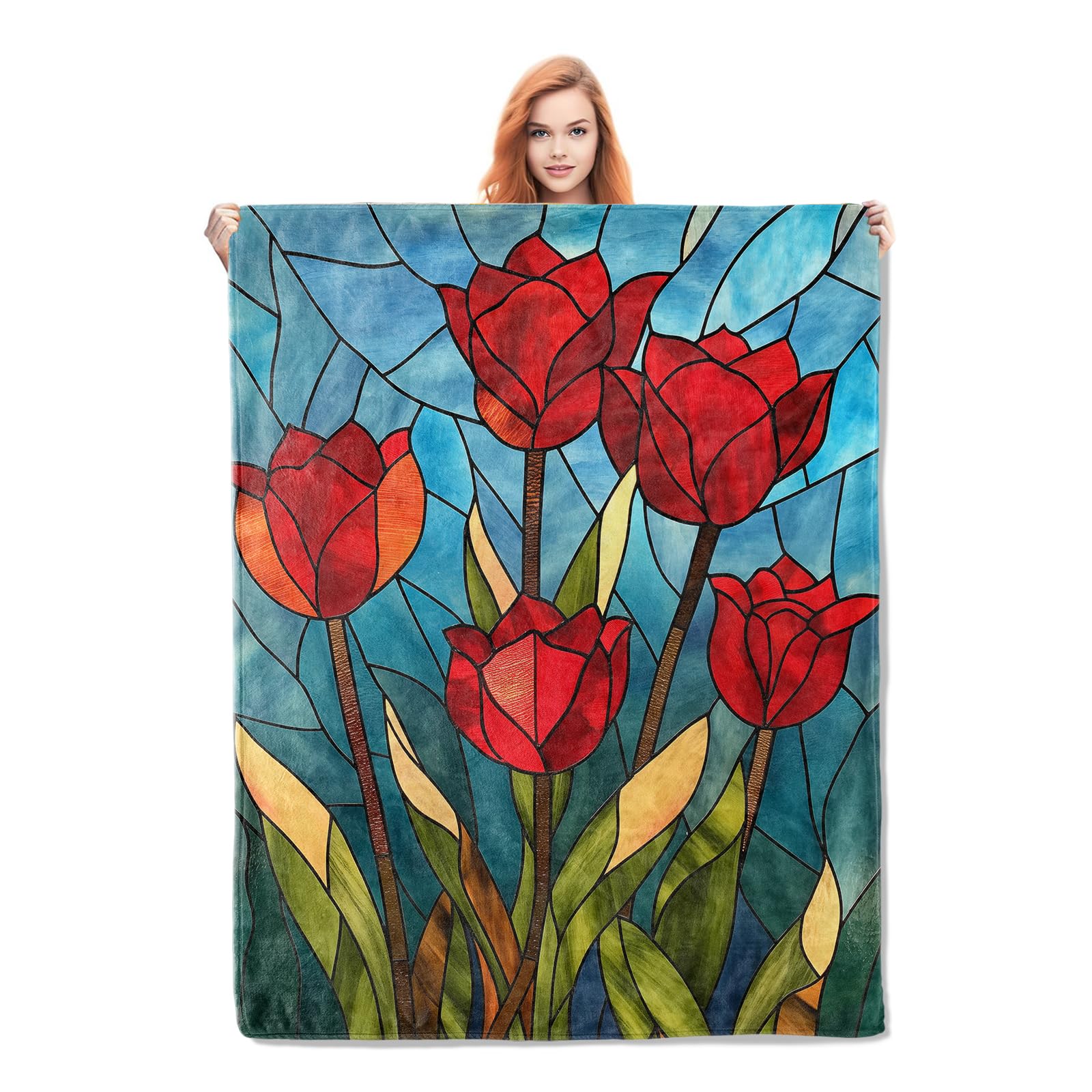 Couverture motif floral tulipes en verre teinté, plaid chaud lit et salon