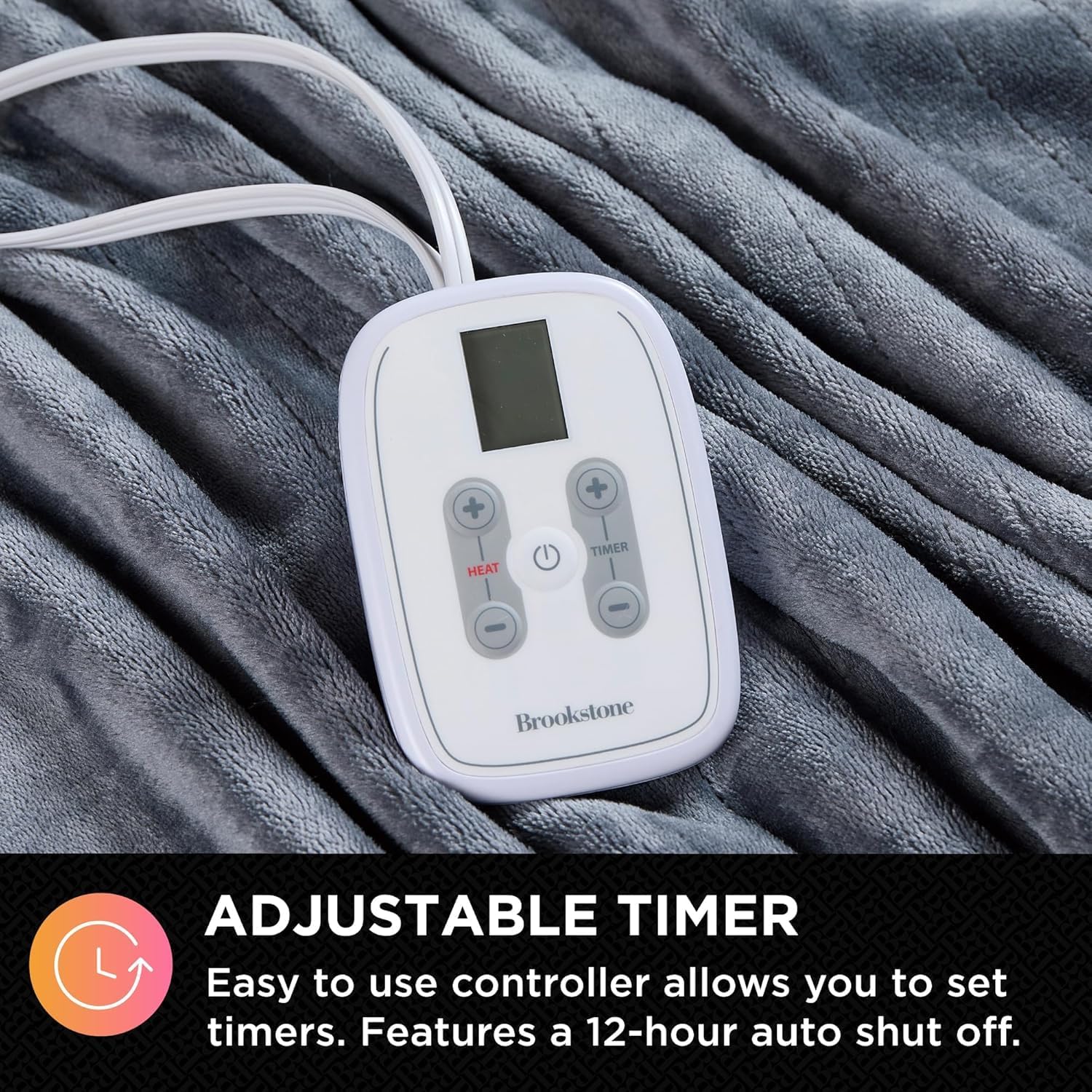 Close-up of the Brookstone heated blanket controller with adjustable timer buttons