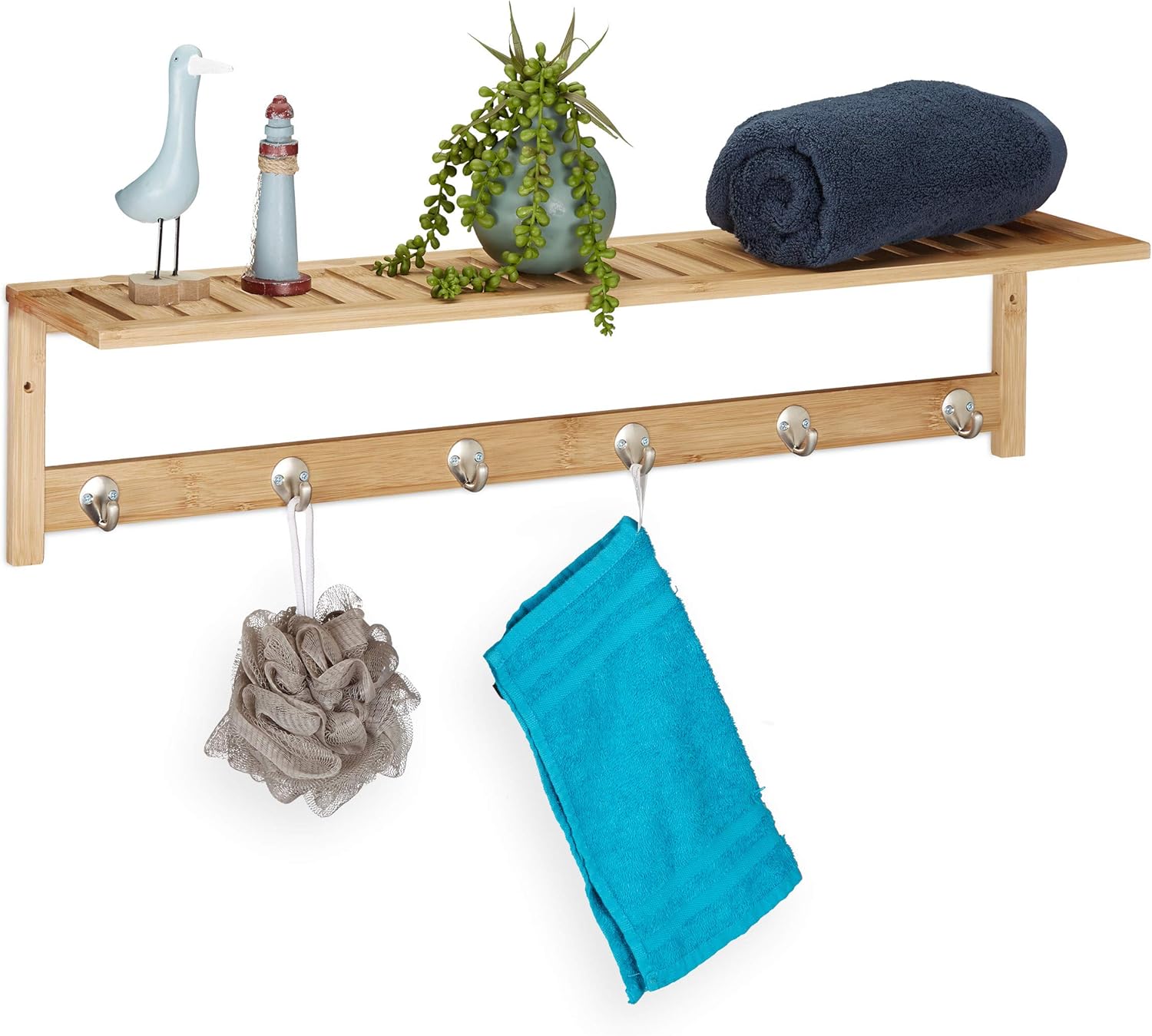 Relaxdays Toallero de pared con estante, 6 ganchos, baño y pasillo, estrecho de bambú, 18 x 75 x 16 cm, perchero de pared, color natural