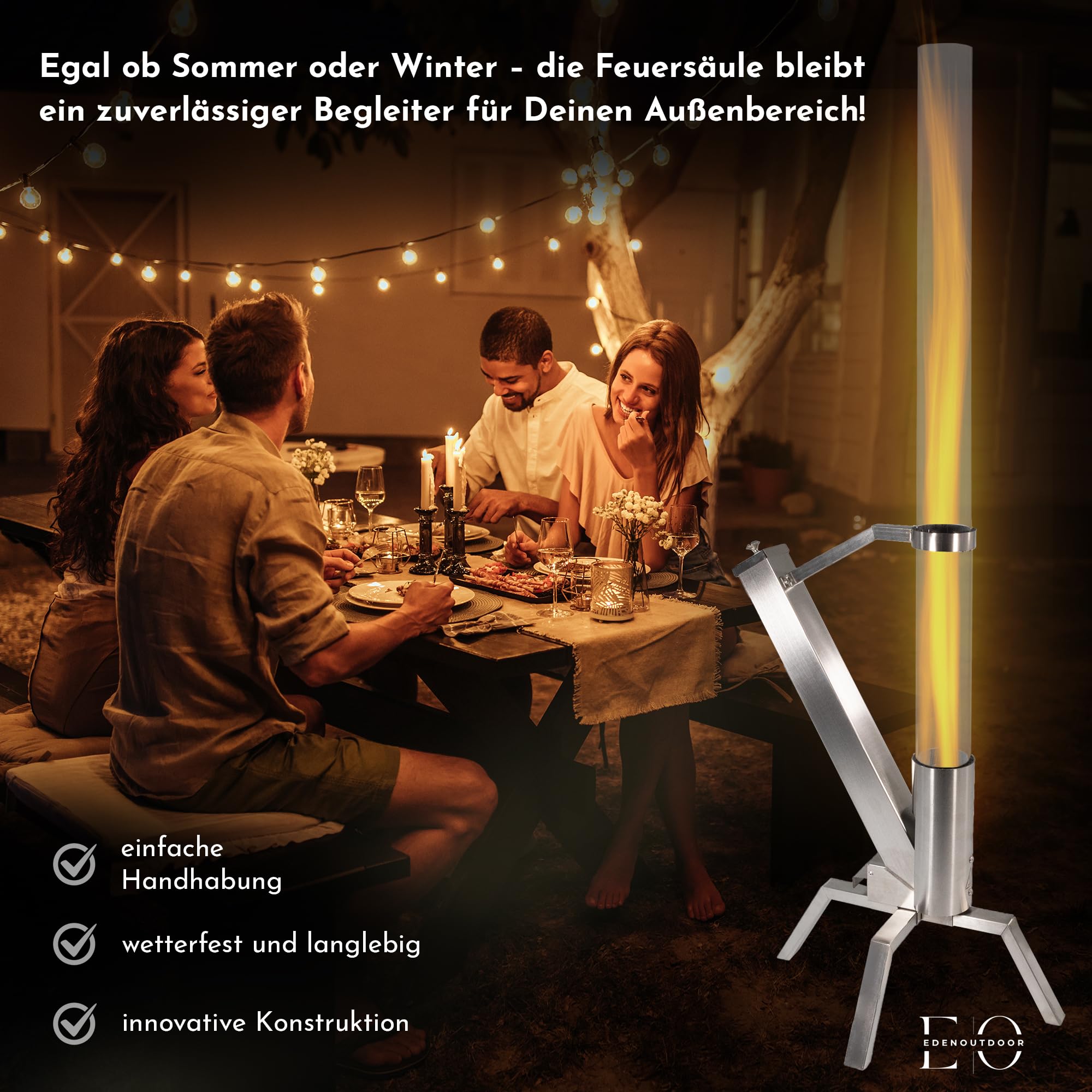 Pelletfackel Edelstahl mit Glasröhre, Feuerrohr Feuersäule mit ca. 75 Minuten Brenndauer, dekoratives Pelletfeuer für Garten & Terrasse, wetterfestes Terrassenfeuer für gemütliche Abende