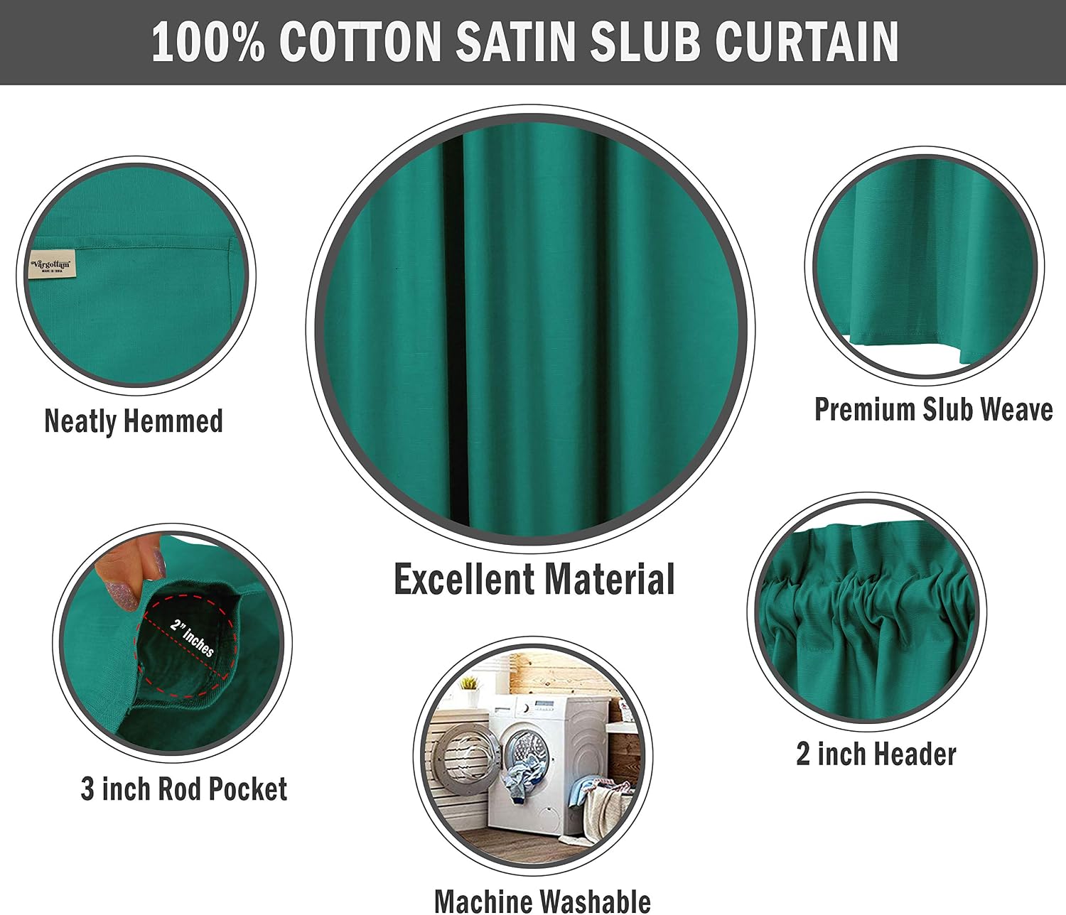 Cotton Slub Sea Green Curtains 46 Inch Window Curtain 2-Panel Rod Pocket Living Room Drapes Curtain Set
