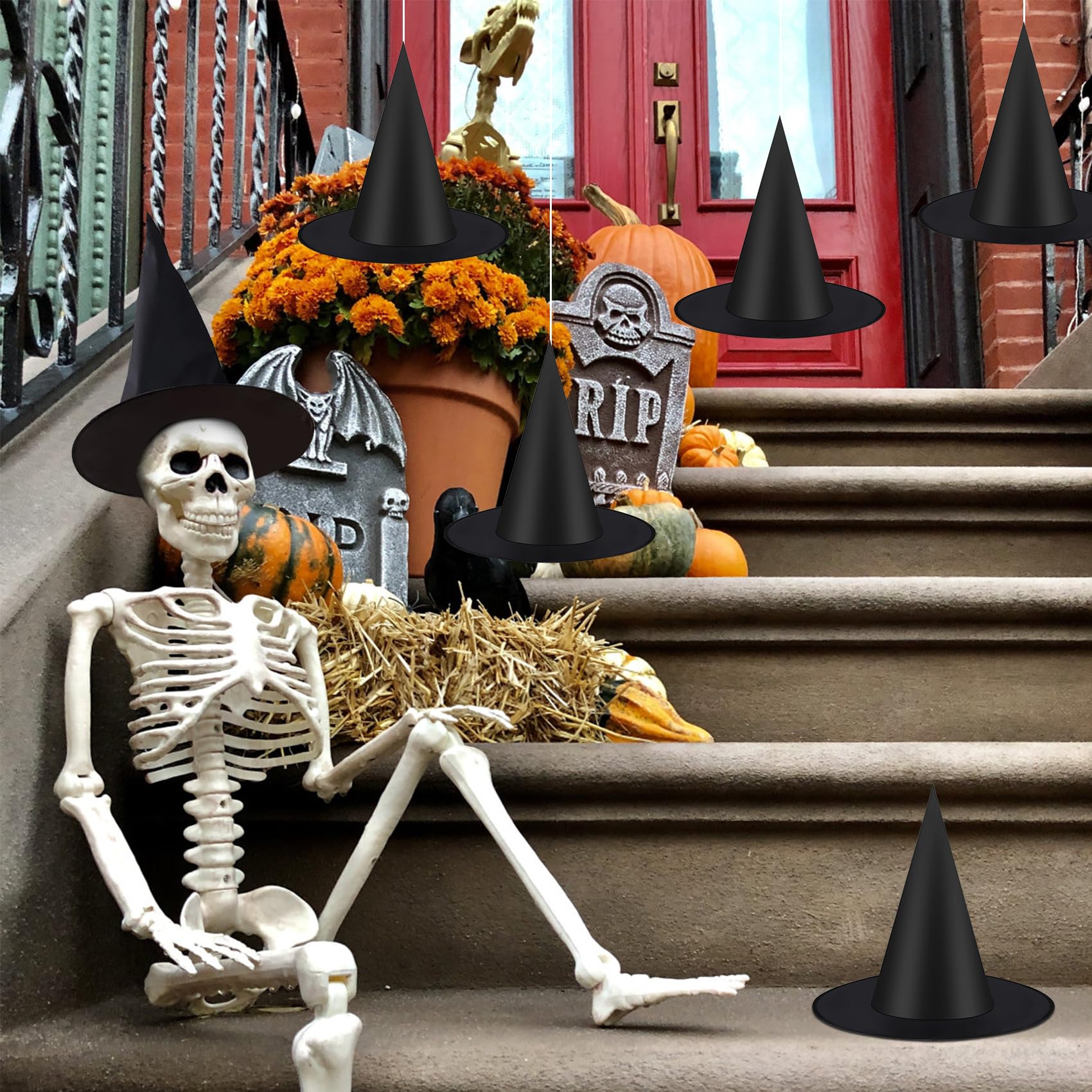 12 PCS Halloween Witch Hats - Black Hanging Witch Hat with 115 FT Rope for Indoor/Outdoor Decorations