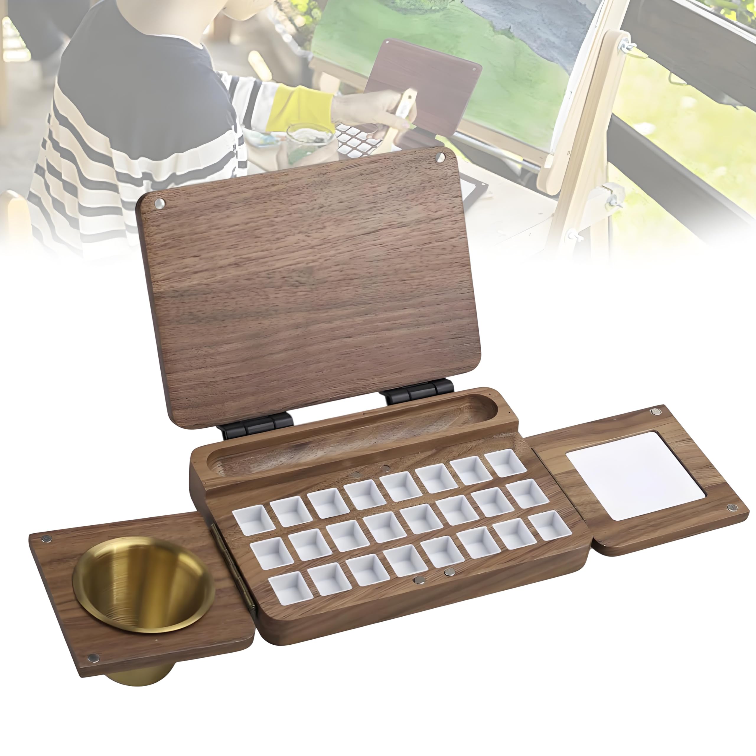 TsoLay 24 Grid Mini Wooden Paint Palette, Wood Watercolor Paint Palette with Lid, Portable Walnut Wood Palette Box, Foldable& Multiple Wells for Watercolour Painters Artists Beginner Children