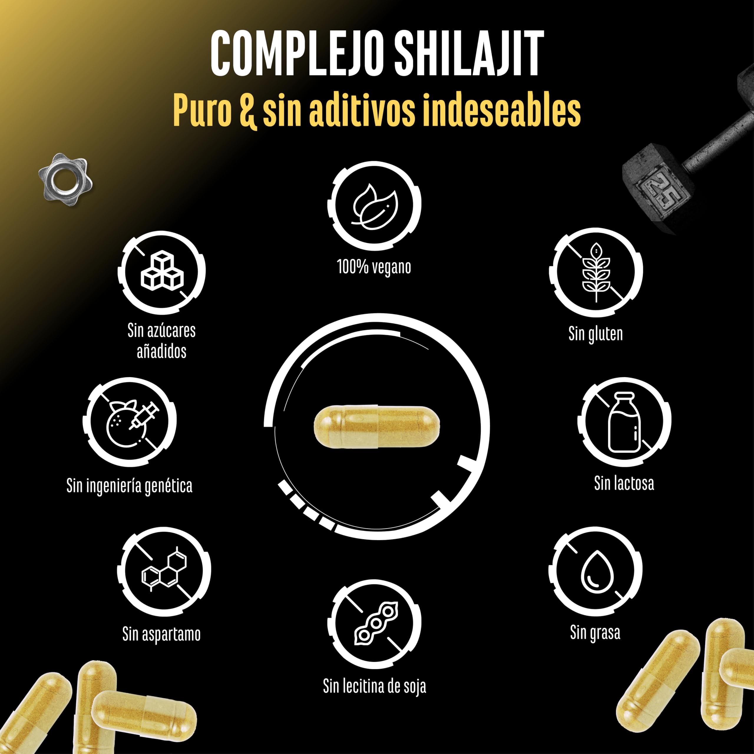 Shilajit Complex - 180 cápsulas - Alta dosis con 3010 mg por dosis diaria - Con ginseng, schisandra, triphala, extracto de tulsi, 50% de ácido fúlvico y 12% de ácido húmico - Vegano