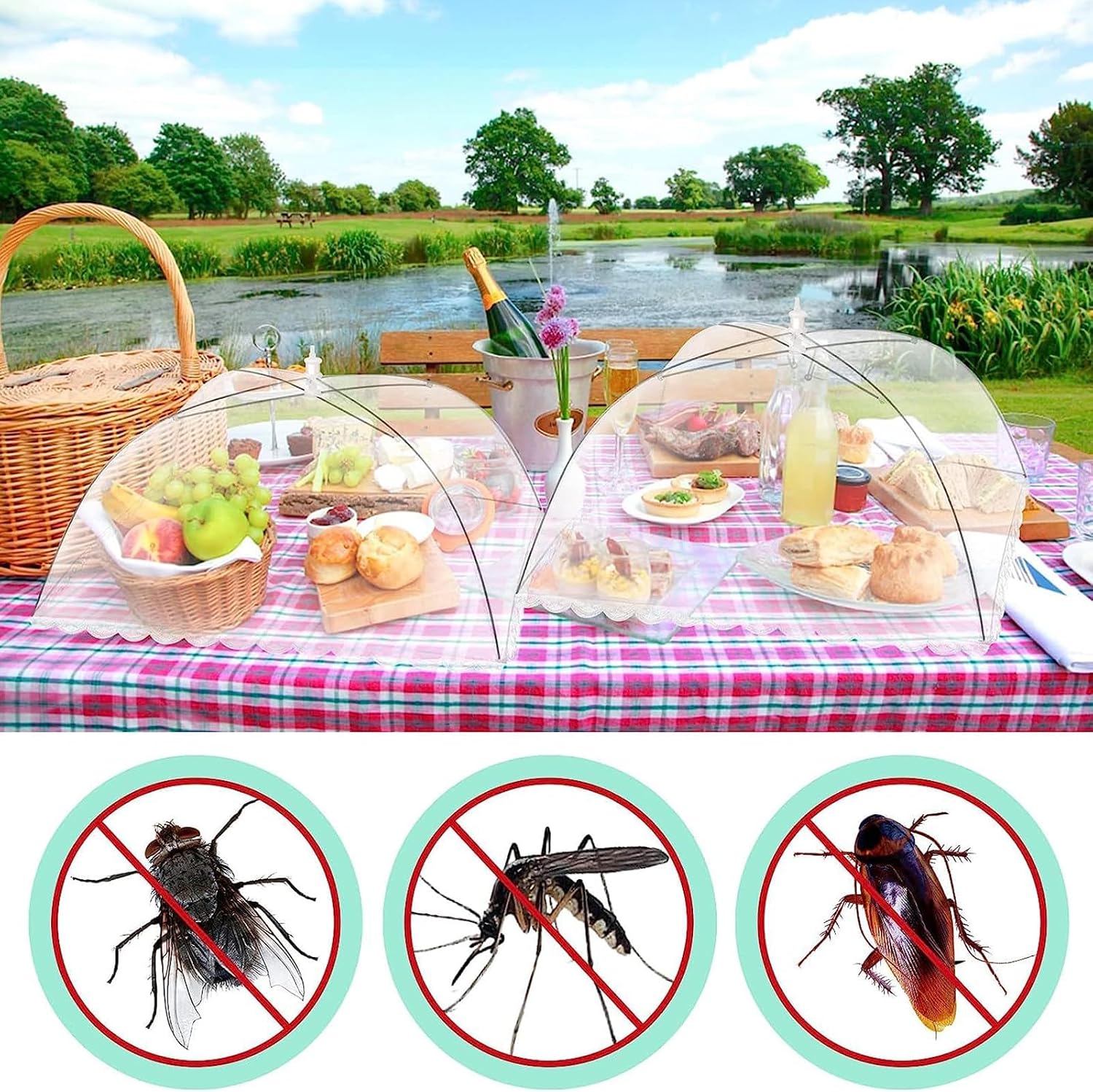 2 Pack Food Covers Pop-Up Mesh Screen Tent Umbrella 43 x 43cm, Large Food Domes Net Cover for Outdoors, Parties, Picnics, Reusable and Collapsible