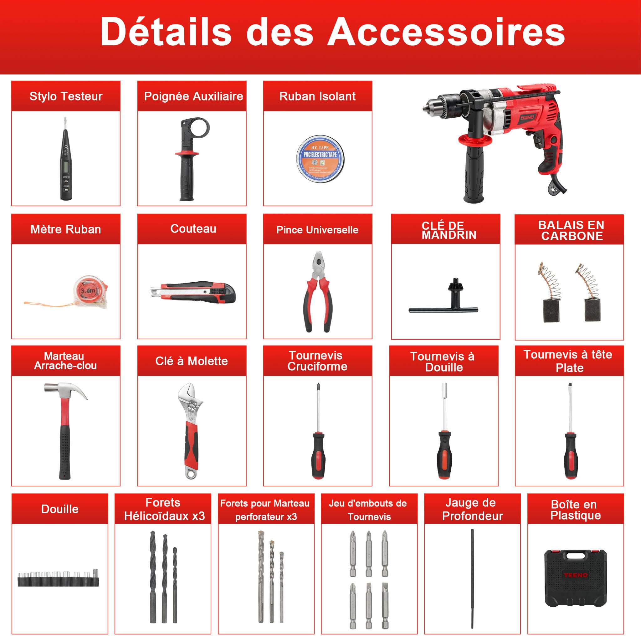 TEENO Perceuse à Percussion électrique 910W, Perceuse Électrique à Percussion 0-3000 RPM avec 37 Pièces Caisse à Outil Complete Tournevis et Pinces,Mandrin 13mm, Vitesse Variable,Brique,Bois,Acier