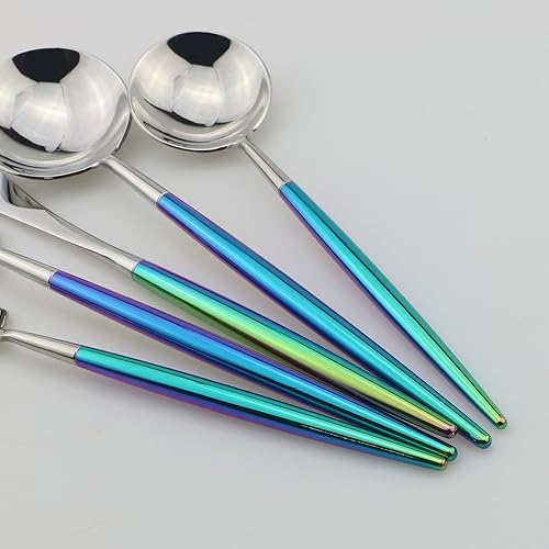 Miniatura 4 de JANKNG Juego de cubiertos Coloful Rainbow Handle Silver de 5 piezas, espejo de acero inoxidable 1810, servicio para 1