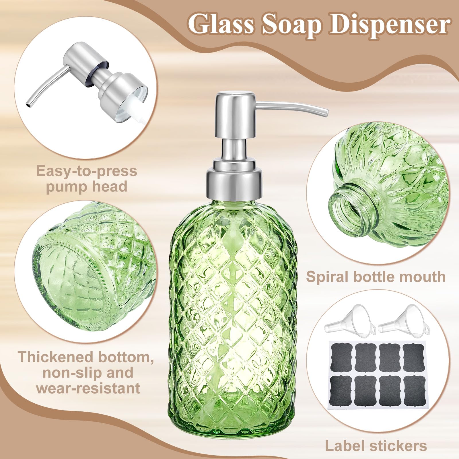 6 unidades 500 ml dispensador de jabón de vidrio con patrón de diamante rellenable dispensador de jabón de vidrio con bomba de acero inoxidable para lociones líquidas adecuado para cocina y