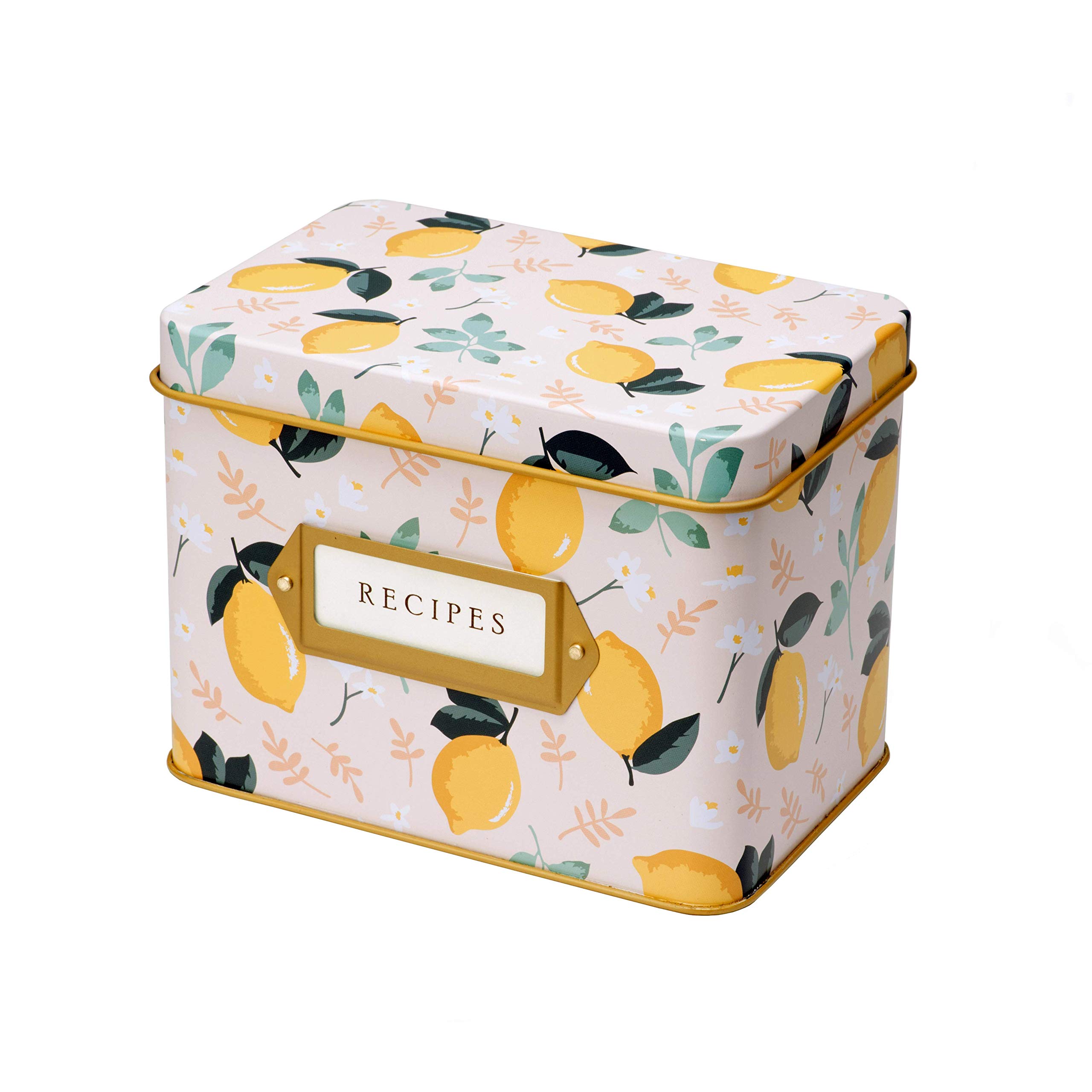Jot & Mark Decorative Recipe Tin Box for Recipe Cards, Greeting Card Holder 4" x 6" (Recipe Box Kit, Lemon Zest)