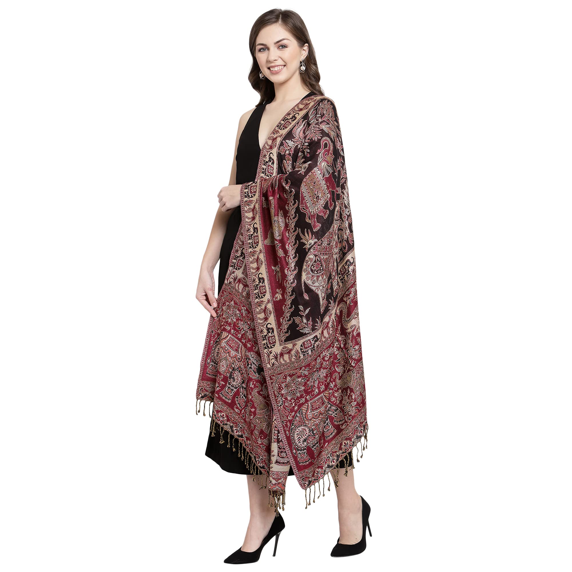 Pashtush Womens Bamboo Reversible Stole, Safari Elephants, Maroon and Black