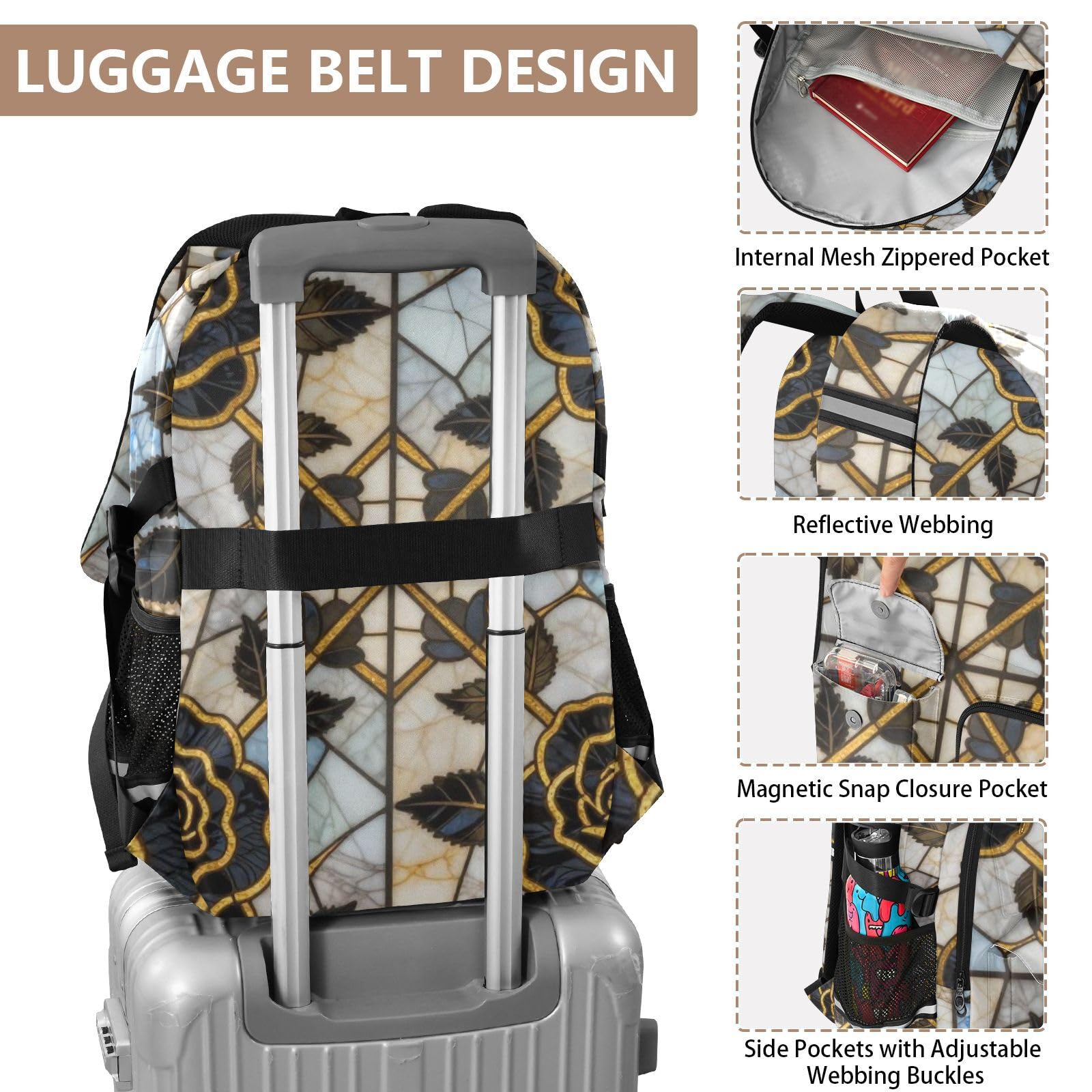 KLL Mochila de viaje para mujer, color negro, rosa, vidriera, gótica