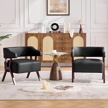 Barrel Accent Chairs, Leather Chair with Solid Wood Frame 2, Black