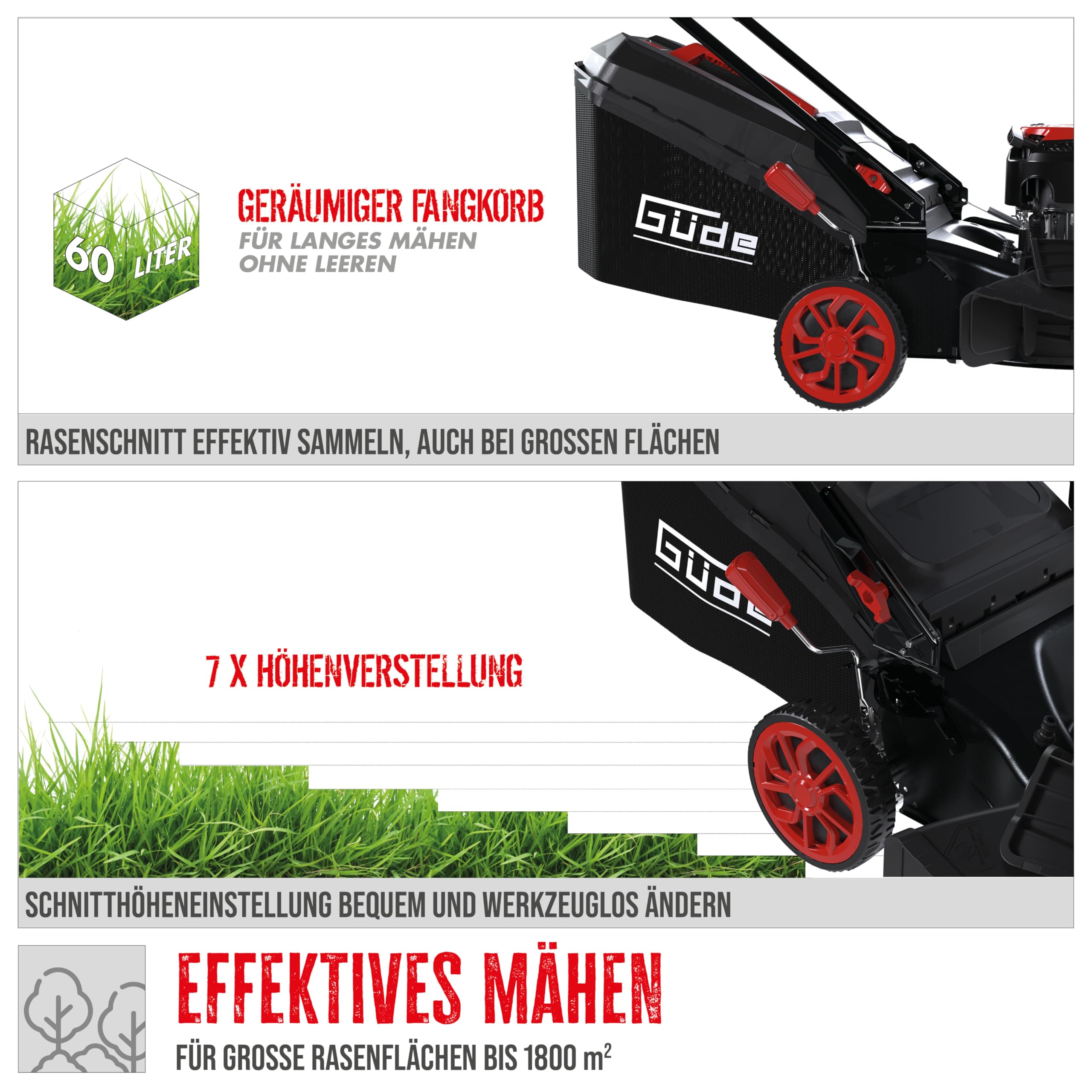Güde Rasenmäher Big Wheeler 514.9 R (4-Takt Motor 3,0/4,0 (kW/PS), Hinterradantrieb, Leichtstart, Schnittbreite 510 mm, Fangeinrichtung 60 l, 7-fache Schnitthöhenverstellung 25-75 mm, Mulchfunktion)