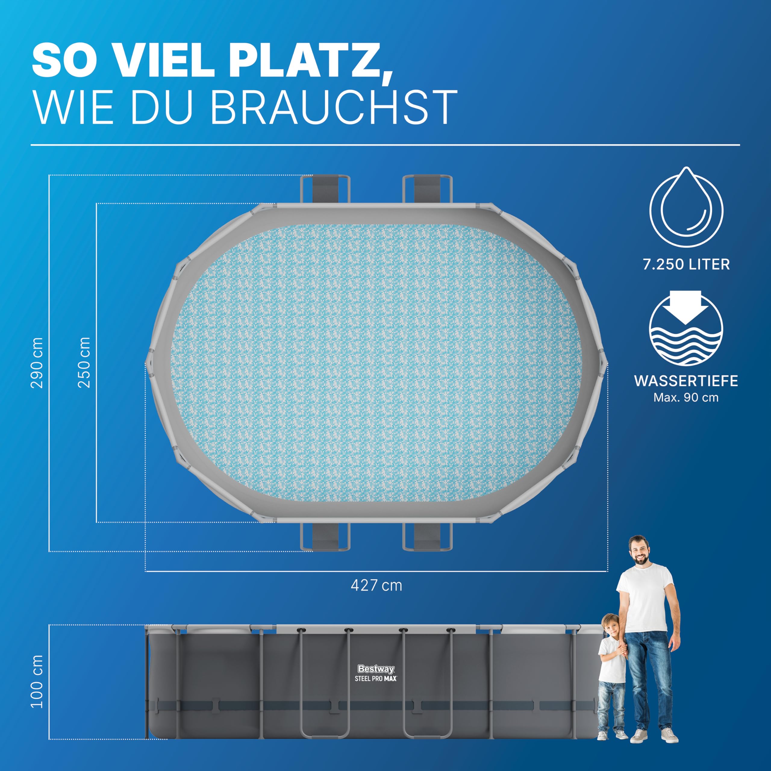Bestway Power Steel Frame Pool Set mit Filterpumpe 427 x 250 x 100 cm, grau, oval