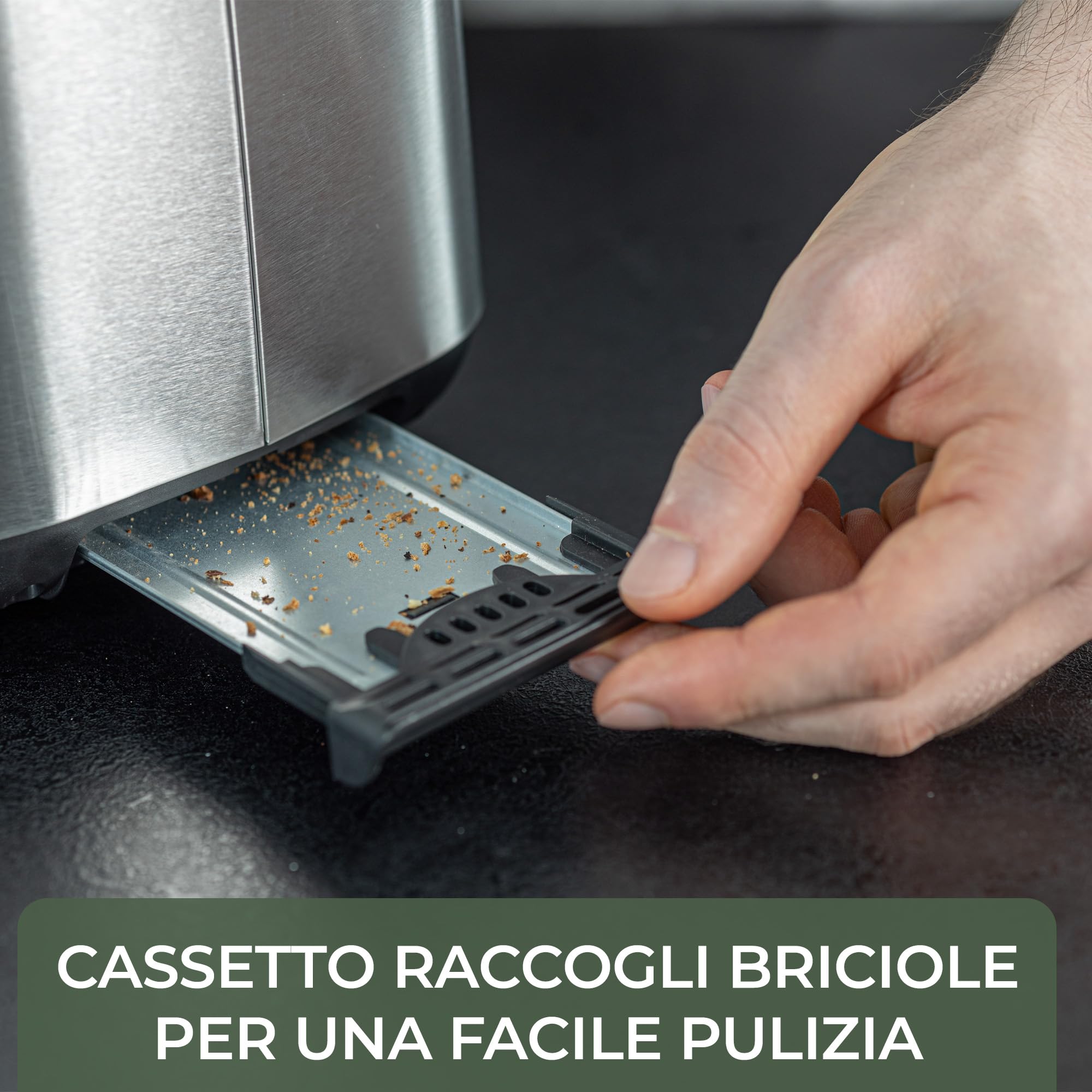 WALDWERK Tostapane di Design – in acciaio inox 304 e legno di quercia – per 2 fette – con supporto per panini – con camere di tostatura extra larghe e profonde – con cassetto raccogli-briciole