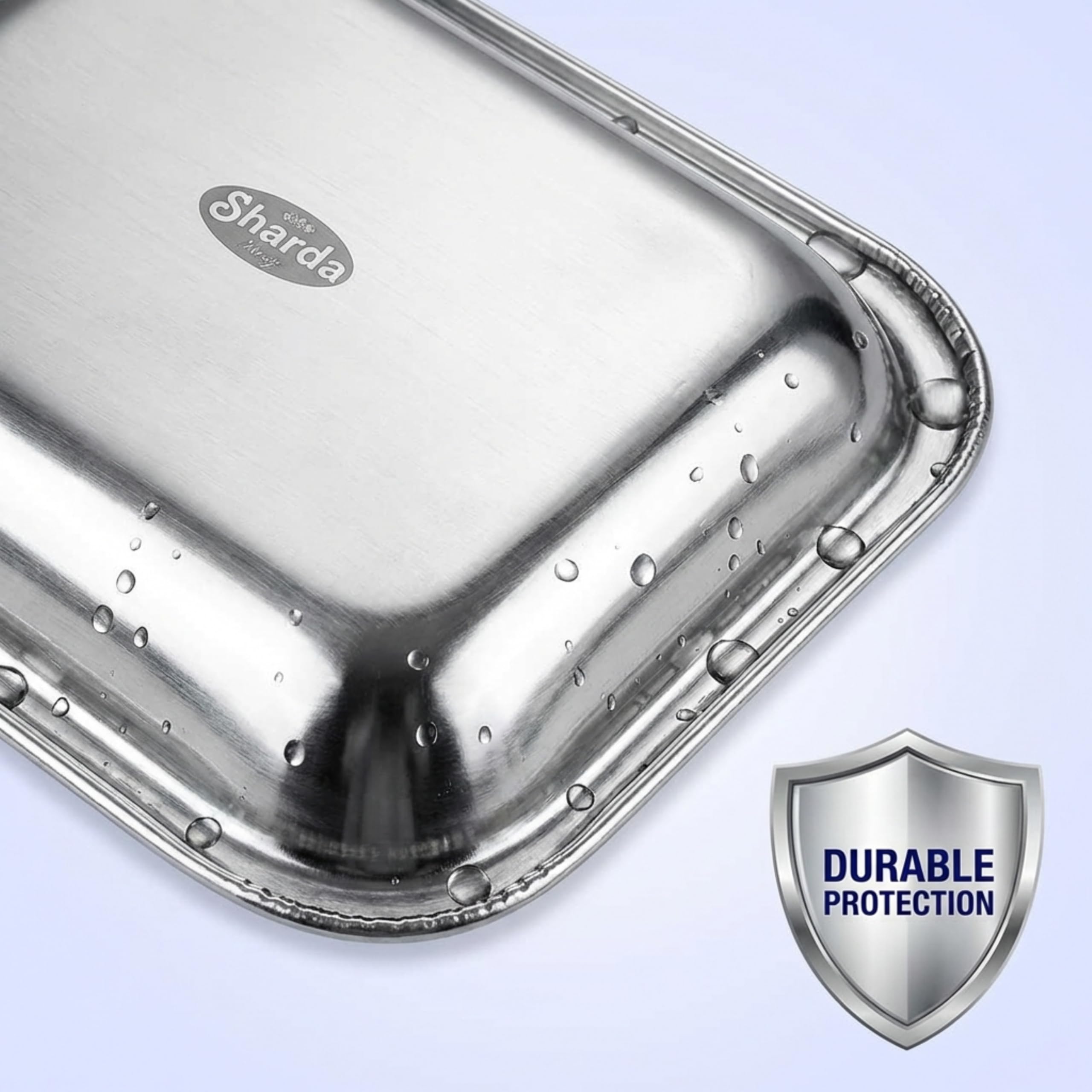 Sharda Metals Stainless Steel Rectangular Compartment Thali Plates | 5 in 1 Divided Partition Bhojan Mess Tray | Durable Lunch and Dinner Serving Plates for Indian Kitchen | 13 x 10 Inches - Set of 6 2