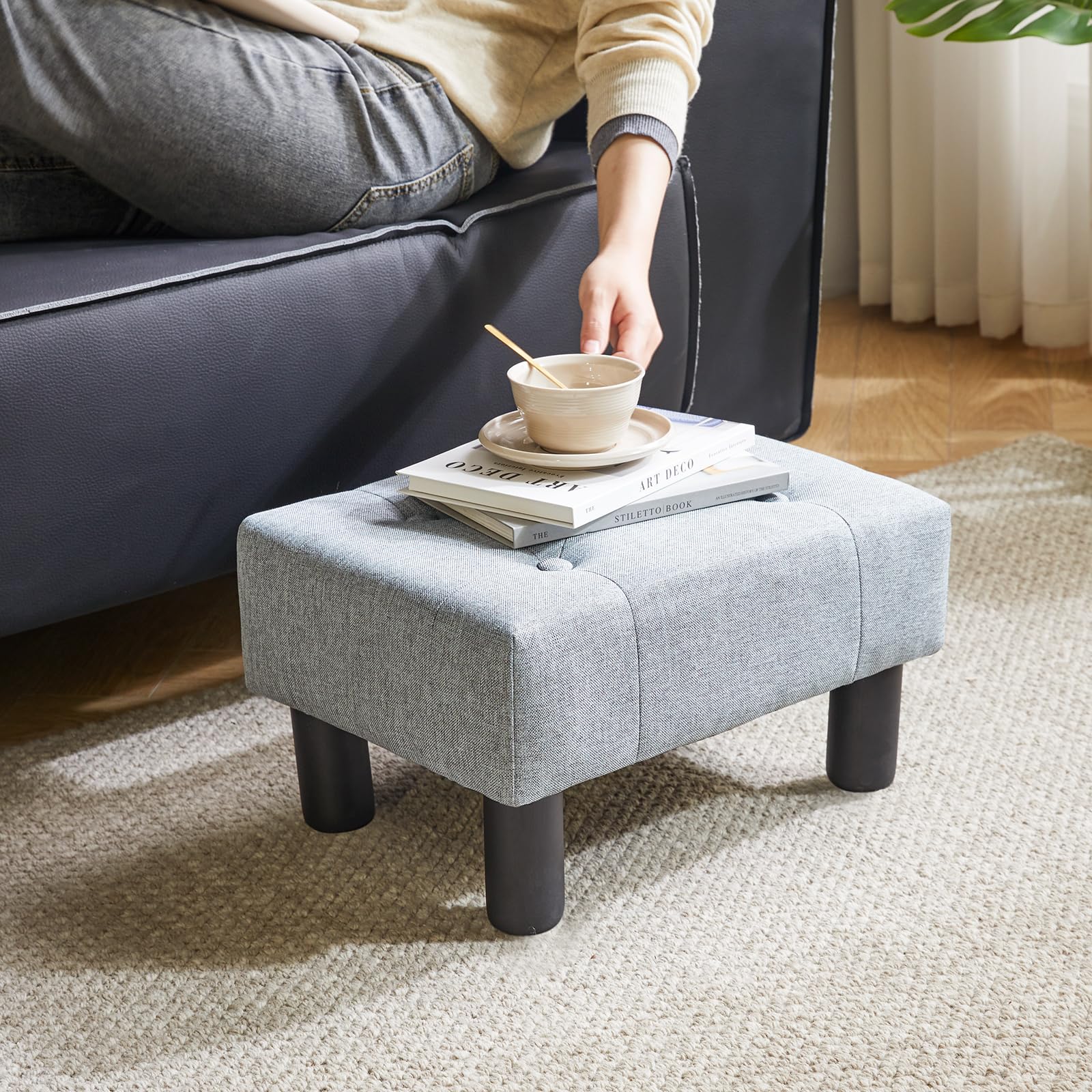 YMYNY Poggiapiedi Ottomano, Sgabello Rettangolare Con Gambe In legno Per Sedia, Soggiorno, Divano, Ingresso, Camera Da Letto 40 × 30.5 × 22.5CM Blu Grigio HBD039L