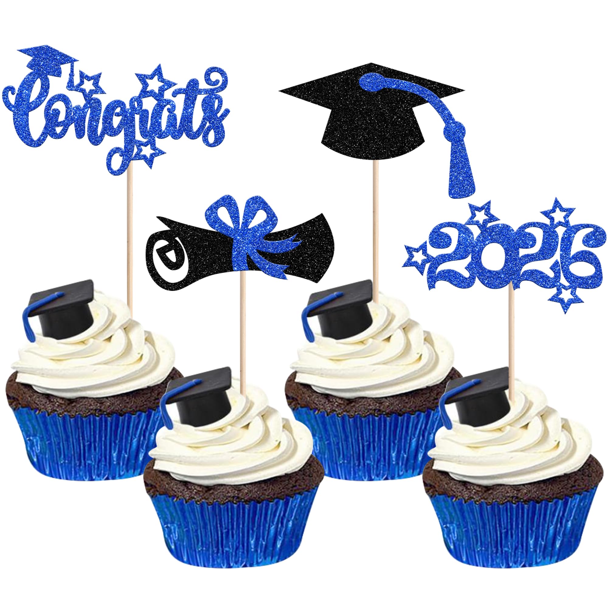 Xsstarmi 36 Pack Star Congrats Grad Cupcake Toppers Glitter Grad Cap Cupcake Picks for Proud of You Diploma Done Class of 2024 Graduation Party Cake Decorations Supplies Blue