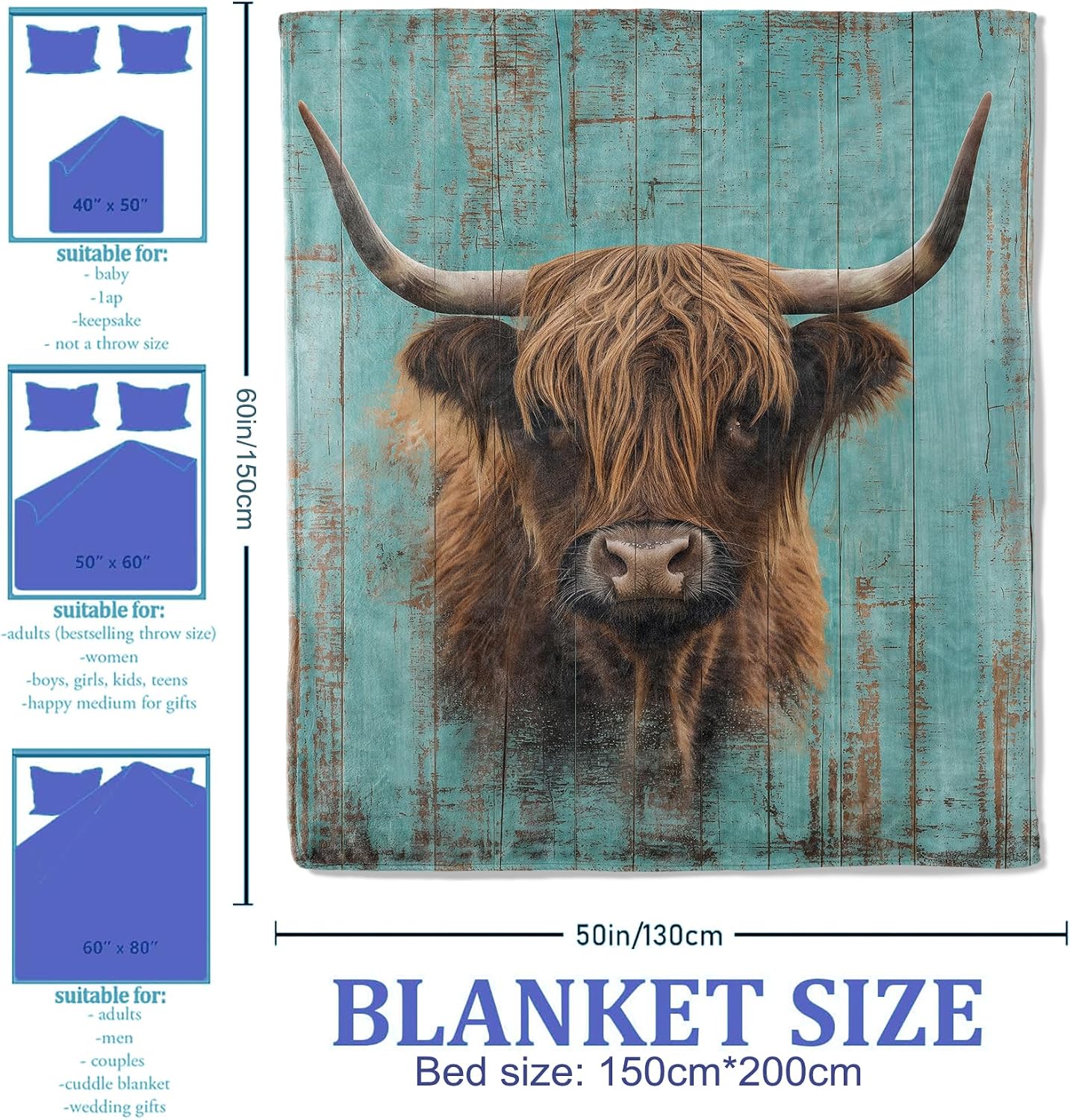 Highland Cow Throw Blanket 50"x60", Rustic Farmhouse Animal Blankets for Bedroom Decor, Warm Flannel Polyester Unique Highland Cow Gifts for Adults