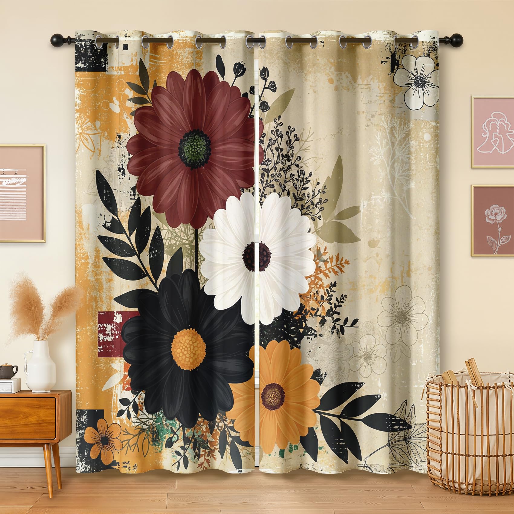 Havenix Beige Vintage Floral Blackout Curtains for Bedroom Living Room, Eyelet Curtains 54x90, Thermal Insulated Drapes for Windows, Retro Botanical Patterned Window Treatments, 2 Panels