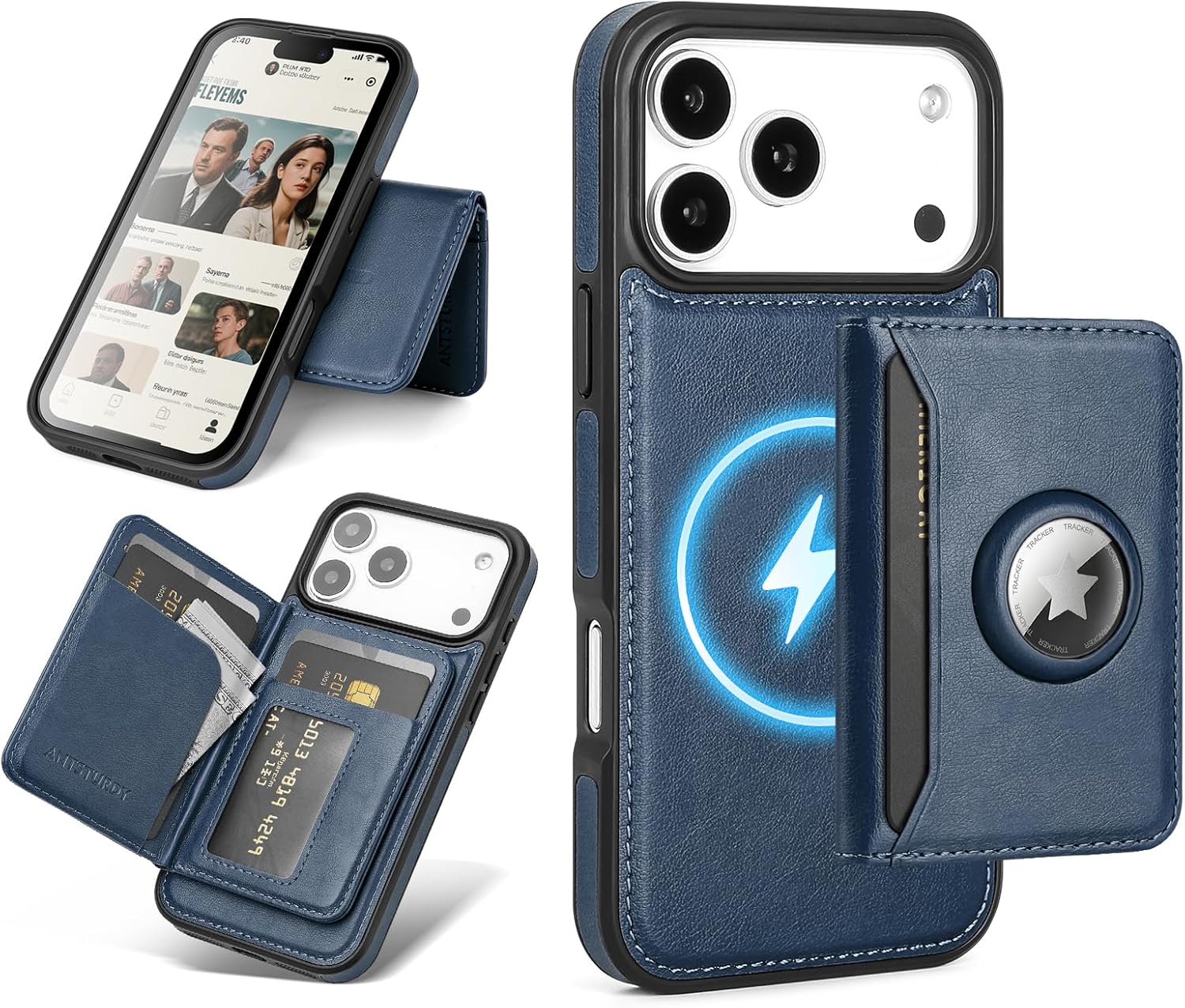 Antsturdy Compatible with MagSafe 2 in 1 Detachable Magnetic iPhone 17 Pro Max Case Wallet with AirTag Holder,Men Women PU Leather RFID Blocking Credit Card Holder Slots Flip Cover Kickstand,Dark Blue