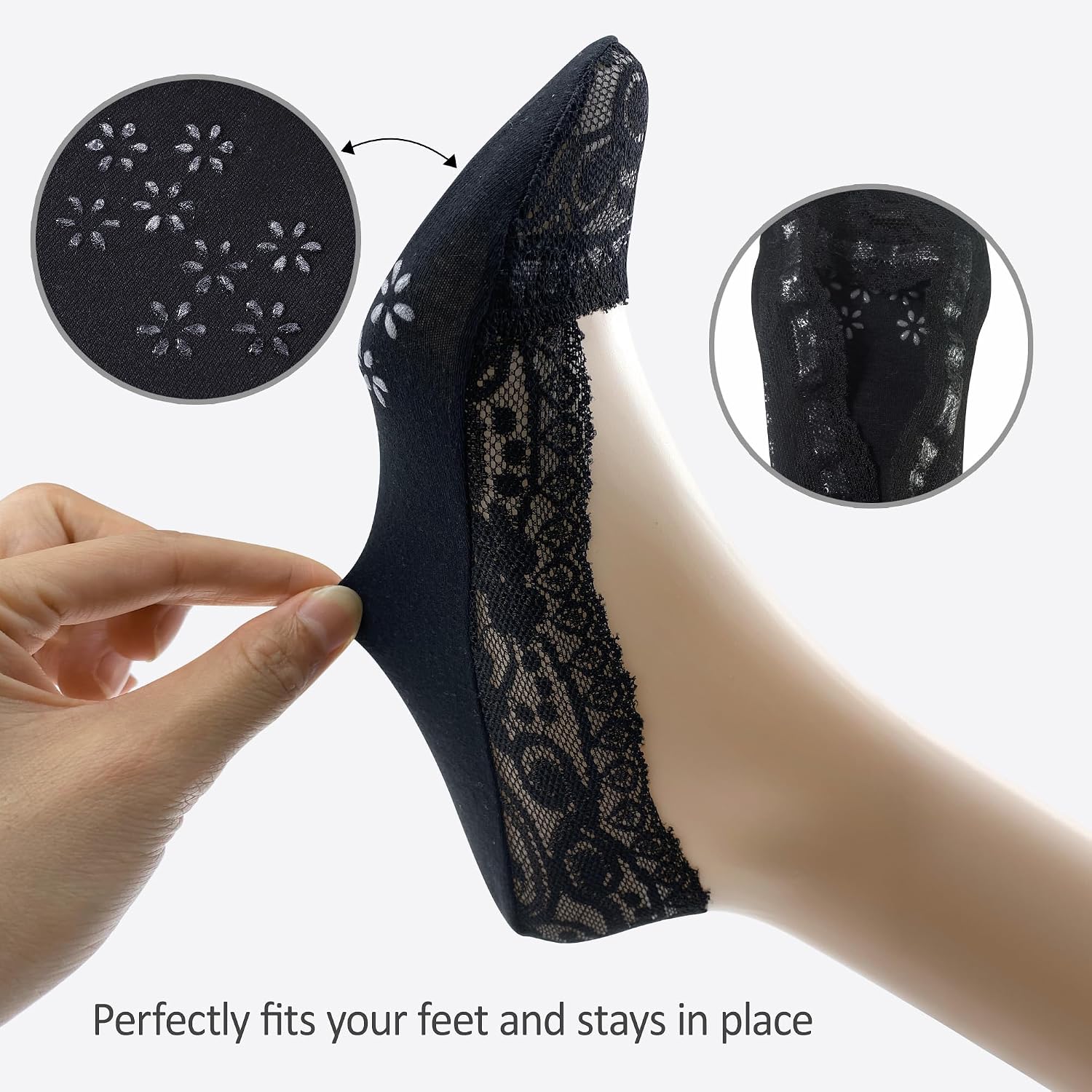 Women No Show Socks 6 Pairs Lace Socks Non Slip Invisible Socks for Women, Low Cut Womens Socks with Lace Trim