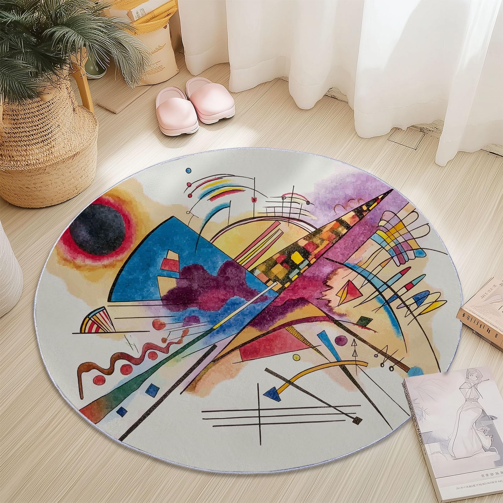 Tappeto Rotondo 210 cm, Morbido, Lavabile, colorato, con Stampa di Simboli Astratti e frecce, Antiscivolo, Leggero, Ideale per Soggiorno, Sala da Pranzo, Cucina, Camera da Letto e