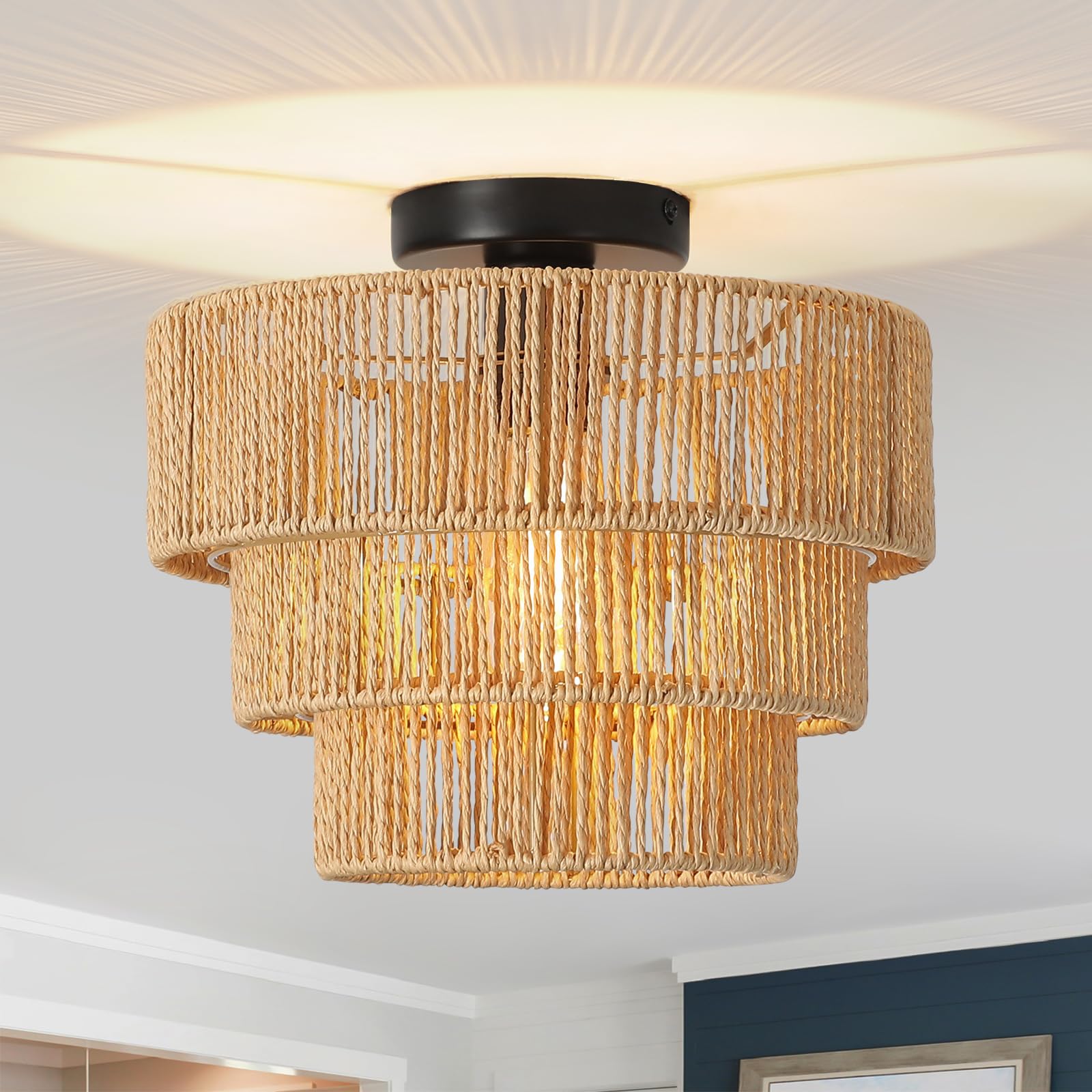 Deckenleuchte Rattan, 3 Lagen Boho Lampe Decke mit Natürlicher Rattan Lampenschirm, E27 Vintage Kronleuchter, Rustikal Braun Deckenlampe Für Wohnzimmer Schlafzimmer Esszimmer Küche Flur