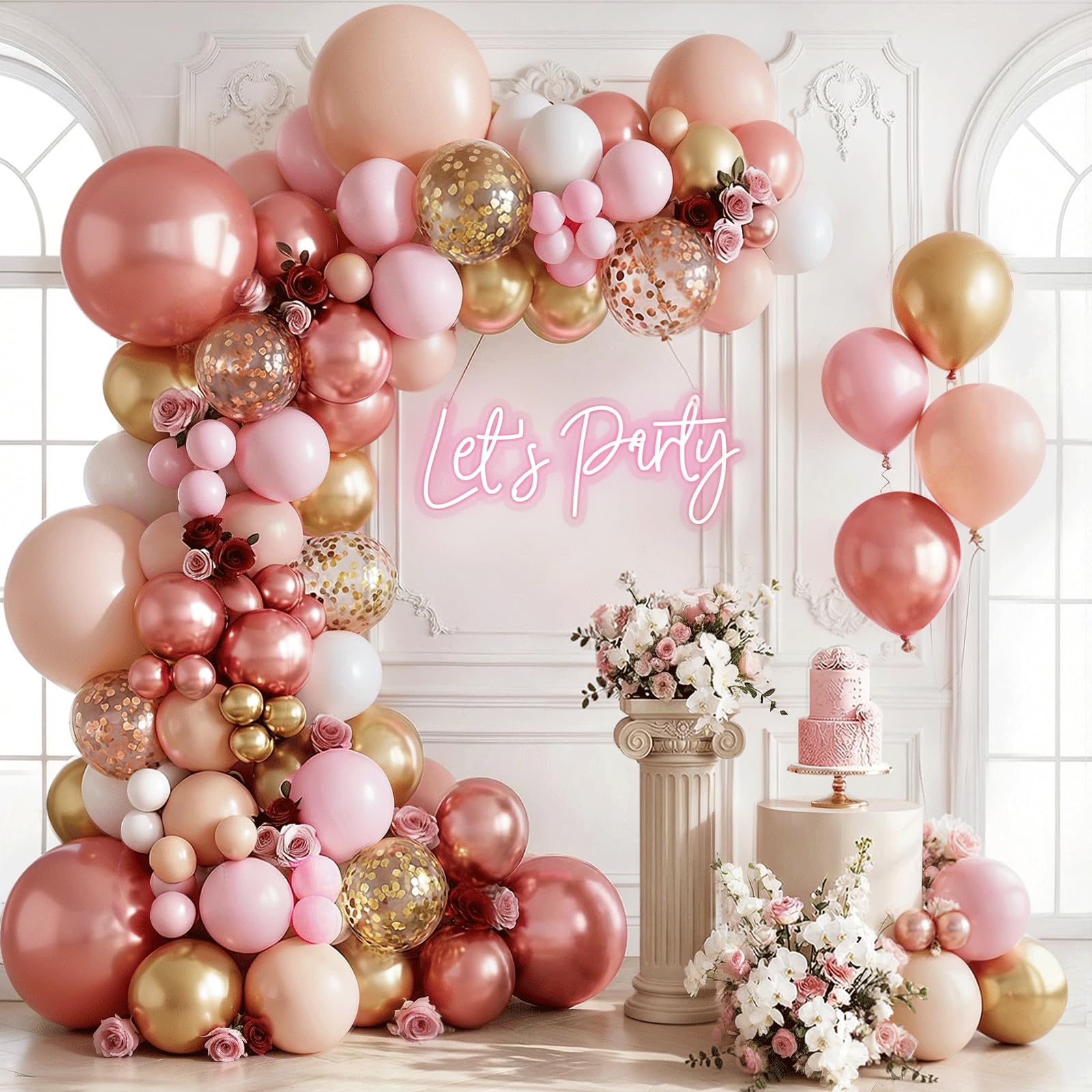 Zesliwy Rose Gold Pink Balloon Garland Kit, Nude White Gold Confetti | Pastel Pink Gold Metallic Nude White Rose Gold Confetti Balloons, for Bridal Shower Wedding Birthday Princess Party Decor