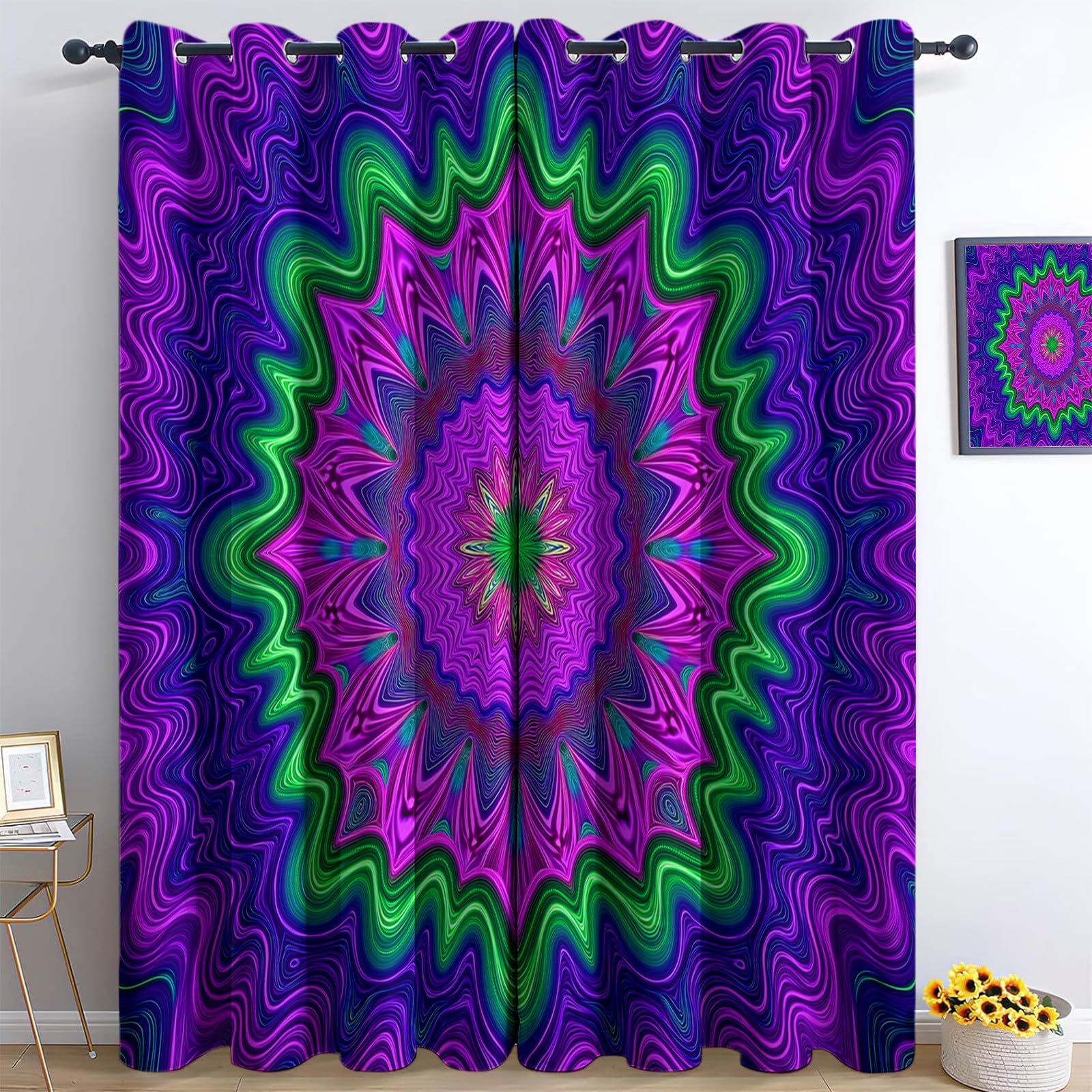 Rideaux occultants violets 140x245 cm à motif mandala 3D pour la chambre