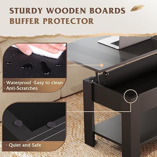 Miniatura 20 de WLIVE Mesa auxiliar, mesa de centro elevable de 47 pulgadas con compartimento oculto y 2 estantes de almacenamiento para sala de estar, espresso