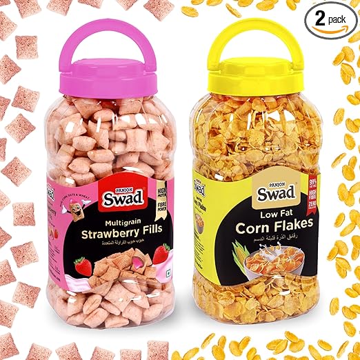 Swad Corn Flakes & Strawberry Fills (Wholegrain Chocolate Breakfast Cereal Chocos Kids) 2 Jars, 640 g