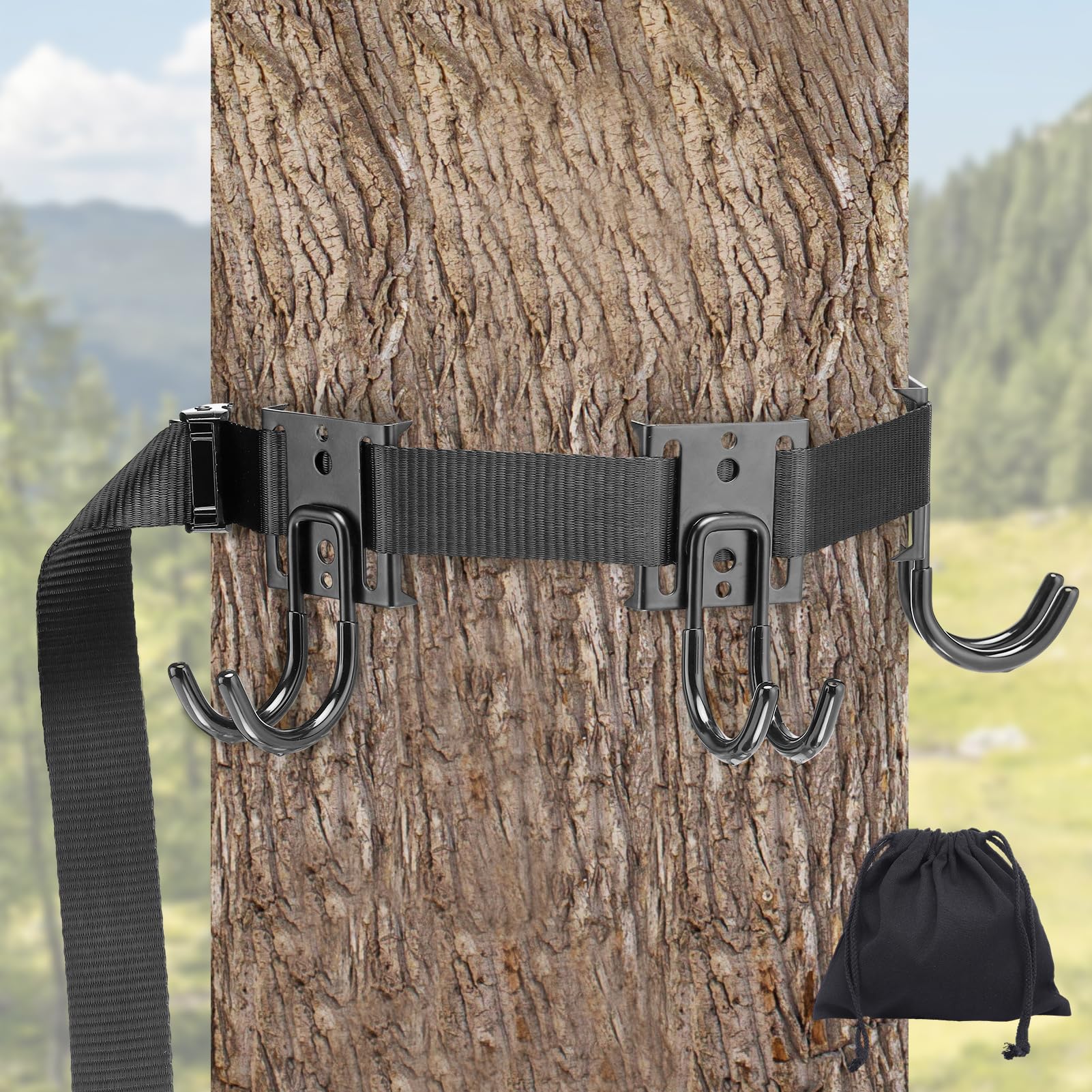 PAMASE Tree Stand Gear Hangers with 3 Metal Hooks - Thick Strap Bow Hanger for Hunting with Metal Buckle, Arrows Bag Archery Equipment Holder, Hunt Deer Treestand Saddle Accessory Kit