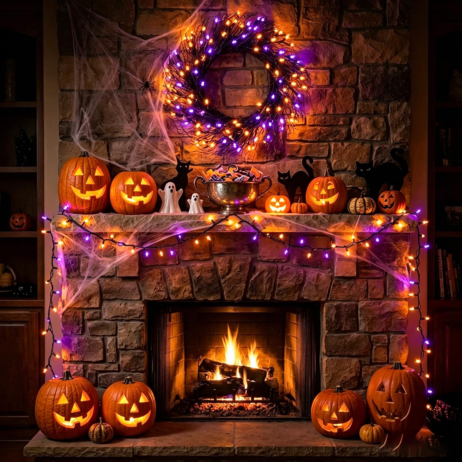 LAMPHOME Stringa di luci per Halloween, 100 LED viola e arancione, con 16 modalità, impermeabilità IP44, filo marrone, luci per interni ed esterni, feste di Halloween, decorazioni per cortile e albero
