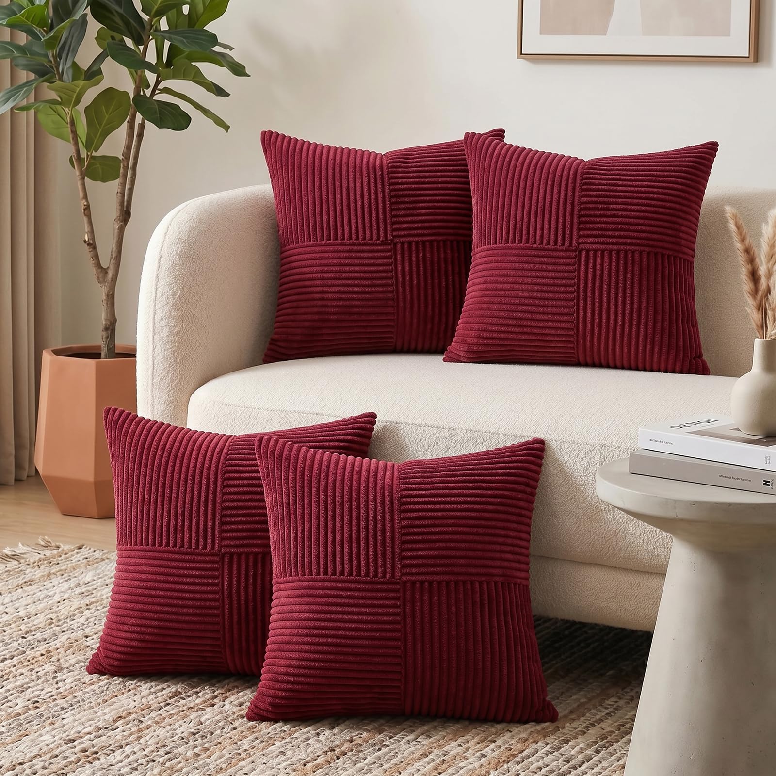 Sungeek Burgundy Red Decorative Cushion Covers Set of 4 Soft Corduroy Striped Cross Patchwork Textured Pillow Cover Solid Boho Farmhouse Throw Pillow Cases for Sofa Couch Bedroom Living Room 45x45cm