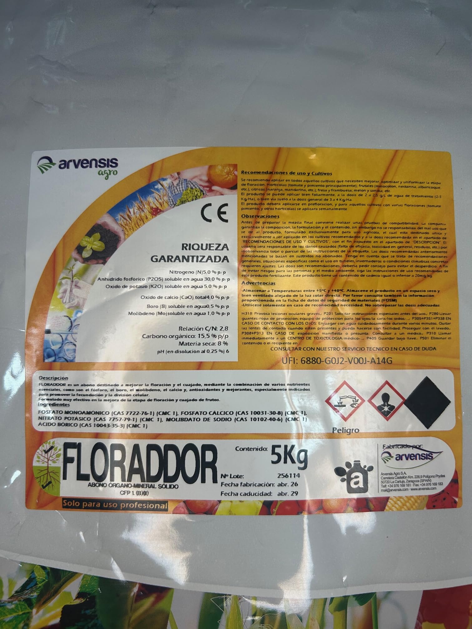 Arvensis Agro FLORADDOR, Abono Orgánico-Mineral Sólido para Floración y Cuajado, con Fósforo, Boro y Calcio, 5 kg