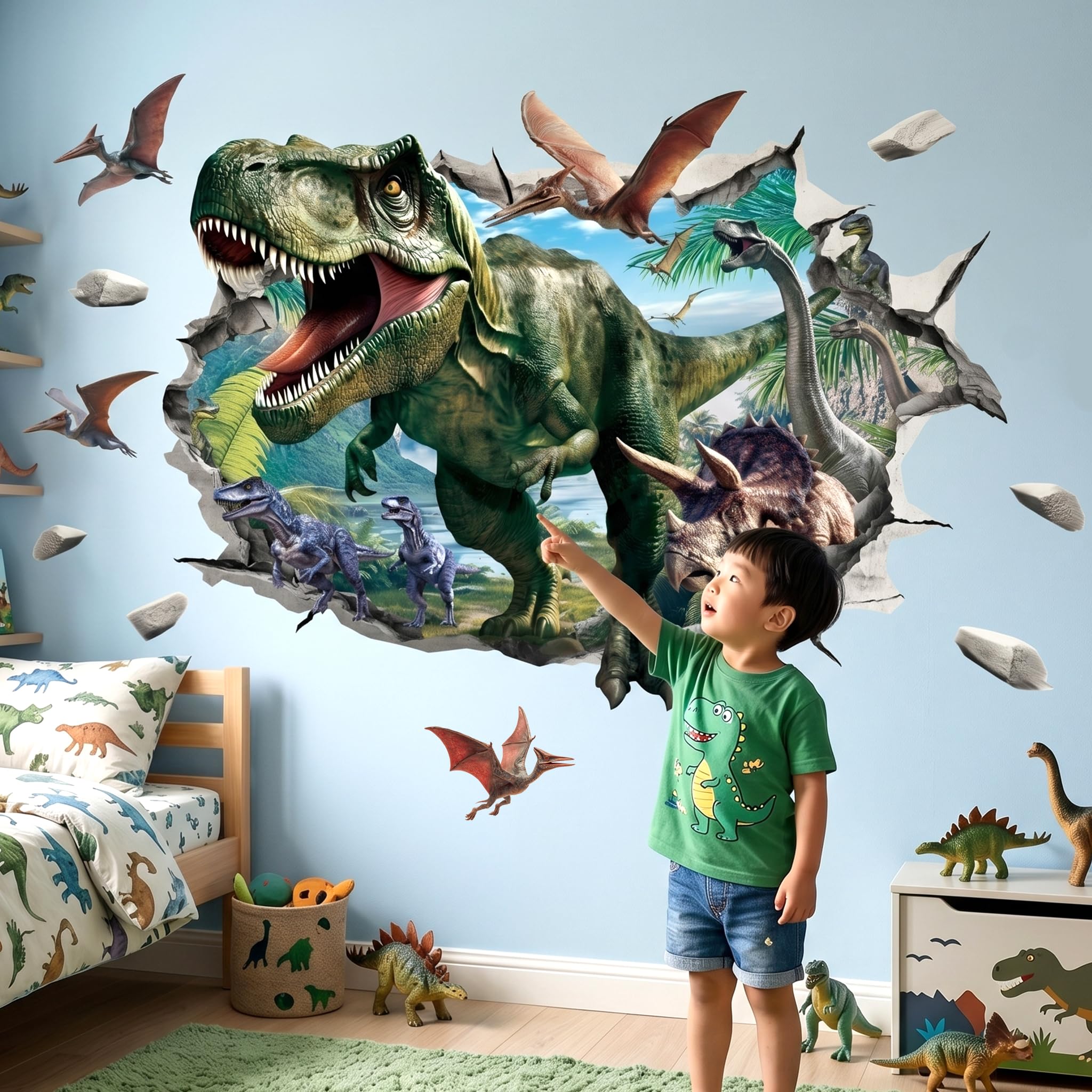 Decowall Boys 3D Dino Saur Wall Stickers – Realistic T-Rex & Jurassic Dinosaur Wall Decals For Kids Bedroom, Nursery, Playroom, Baby Room & Room Décor (Sg2-2515)