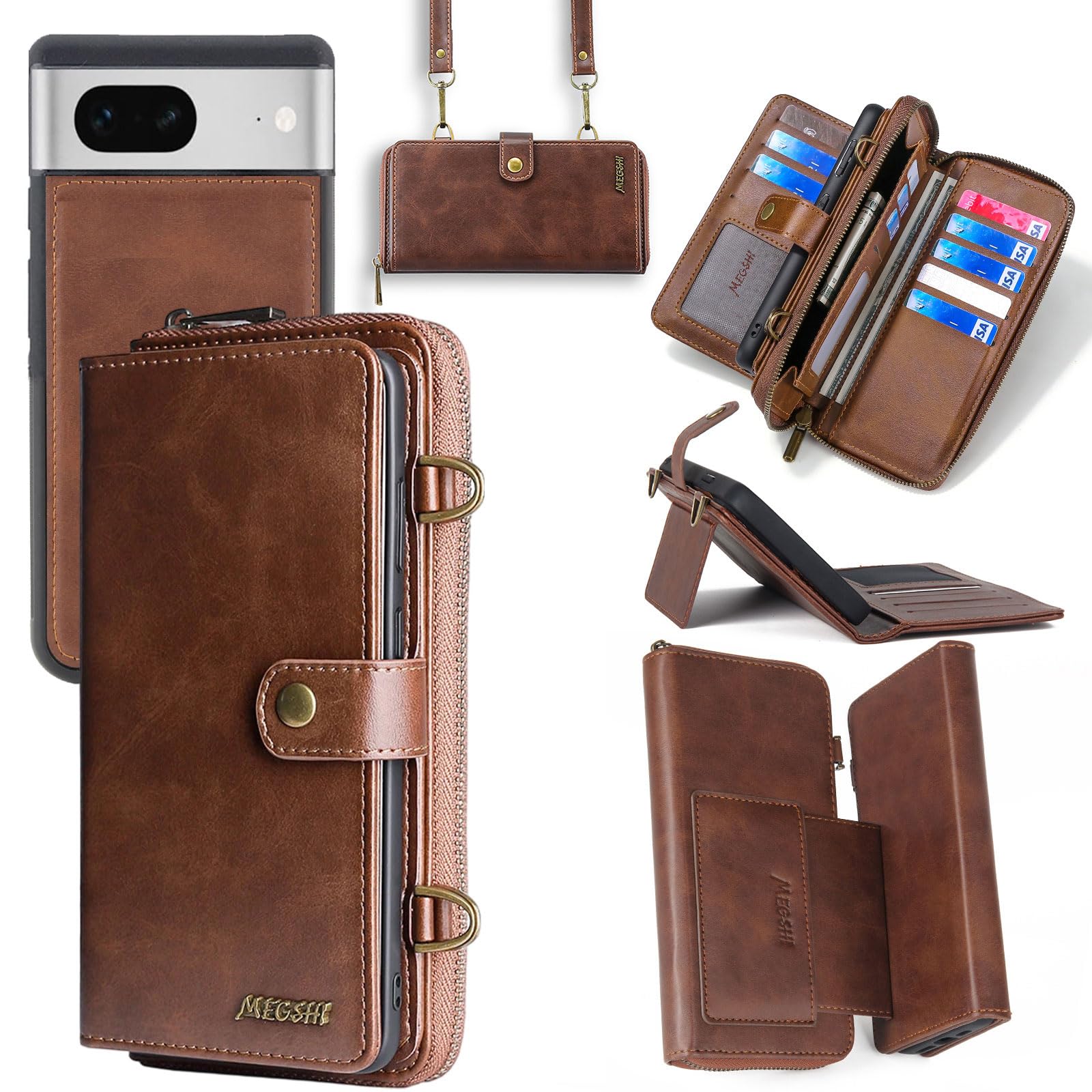 Compatible with Google Pixel 8 5G Wallet Case Crossbody Shoulder Strap Card Holder Stand Multi-Function 2in 1 Detachable Magnetic Cell Accessories