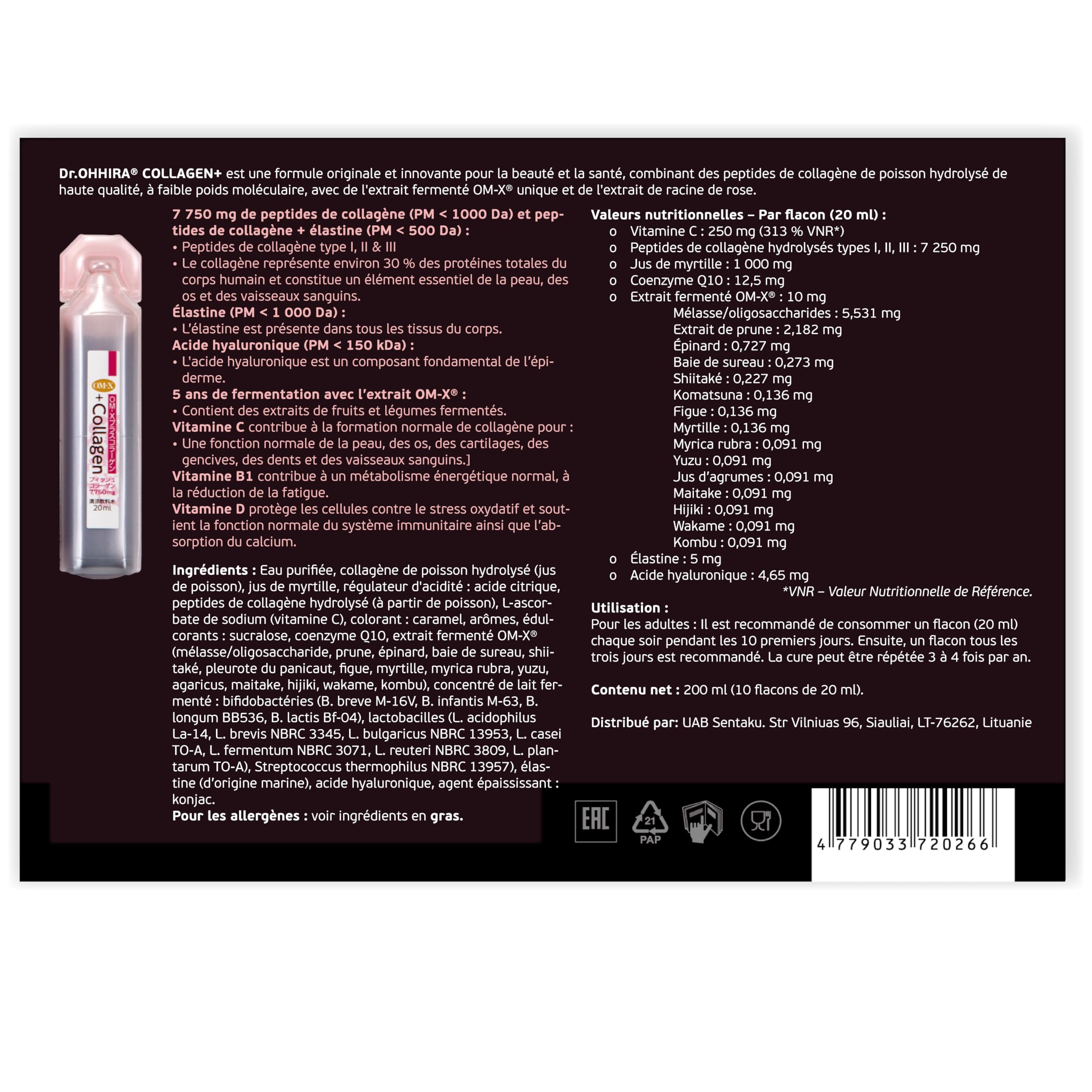 Collagen+ | Complément Alimentaire de Collagène Marin Liquide pour Femmes | Peptides de Collagène Hydrolysé Types I, II, III avec OM-X® et Acide Hyaluronique (200 ml – Pack de 10 fioles)